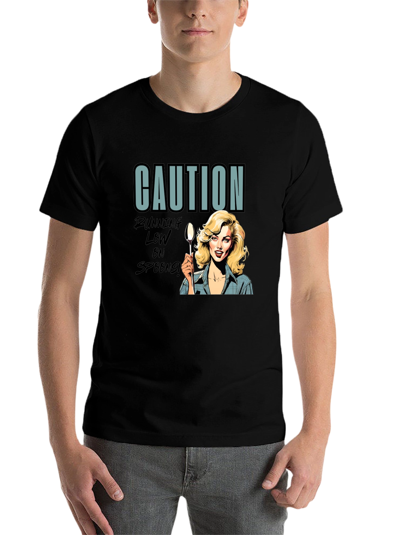 Black Caution Running Low On Spoons T-Shirt view 7
