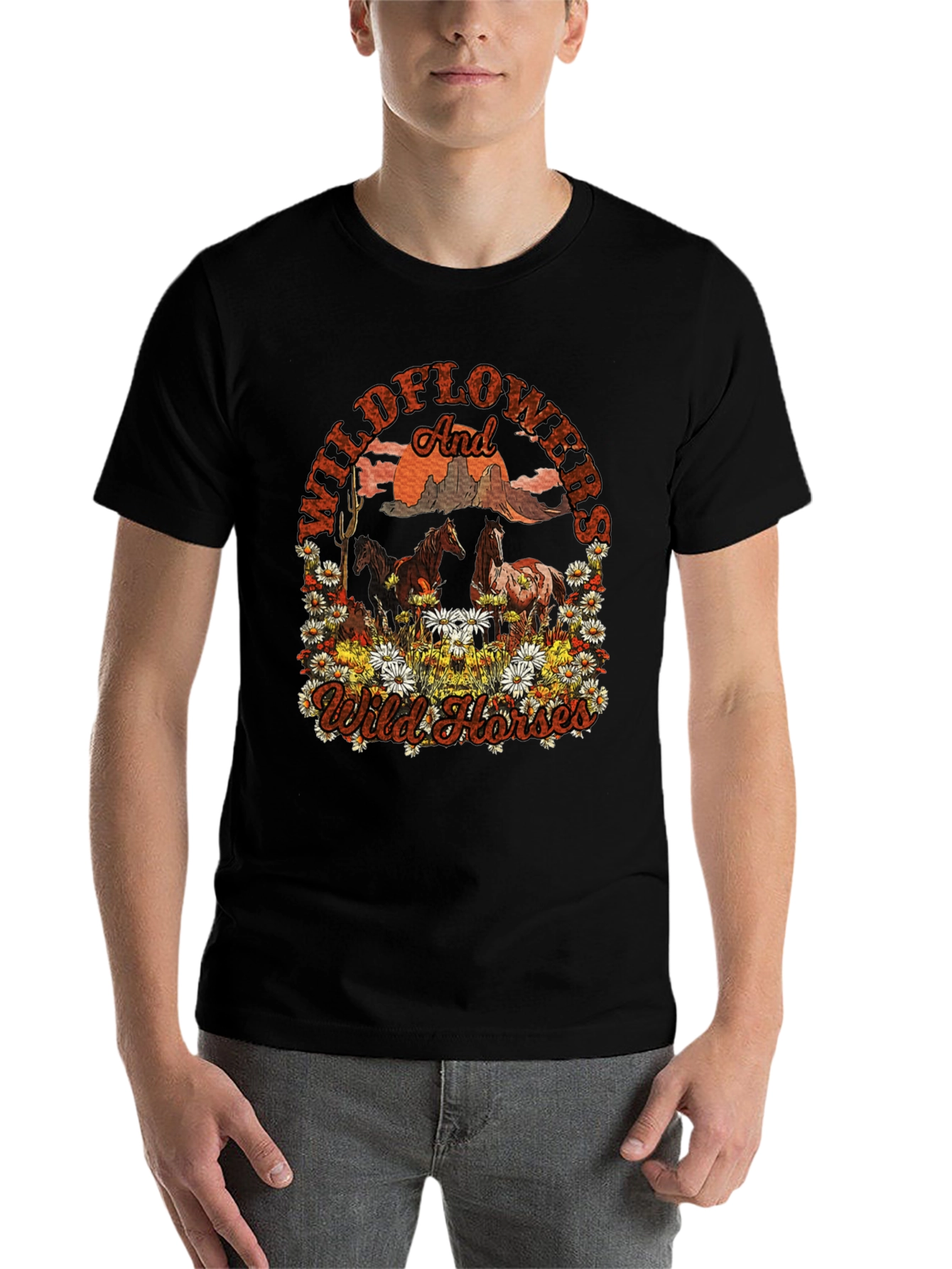 Black Wildflowers and Wild Horses Graphic Tee view 7