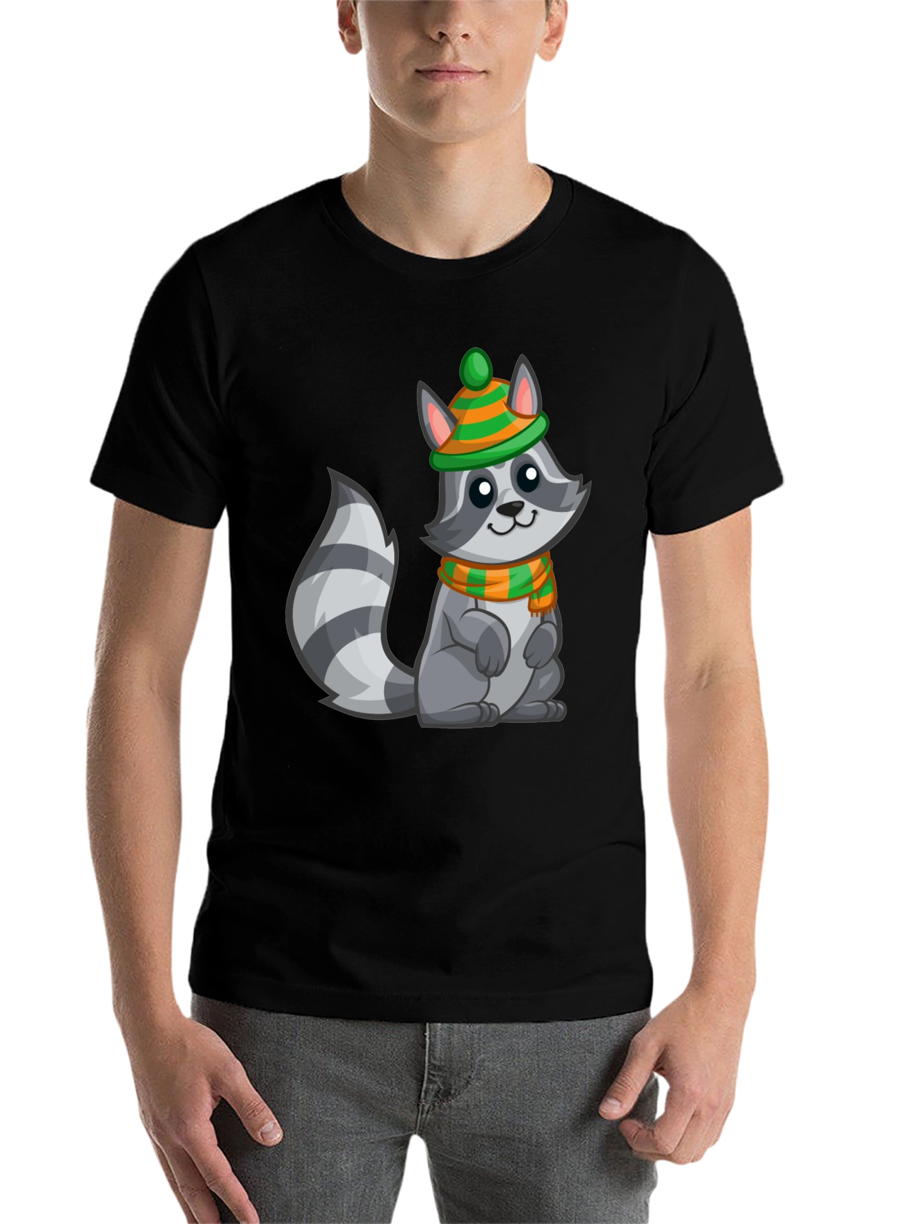 Black Cute Raccoon T-Shirt with Winter Hat and Scarf - Unisex Tee view 7