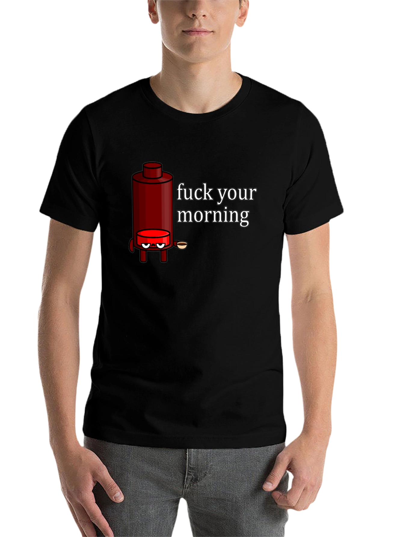 Black Funny Coffee Maker Graphic T-Shirt - "Fuck Your Morning" view 7