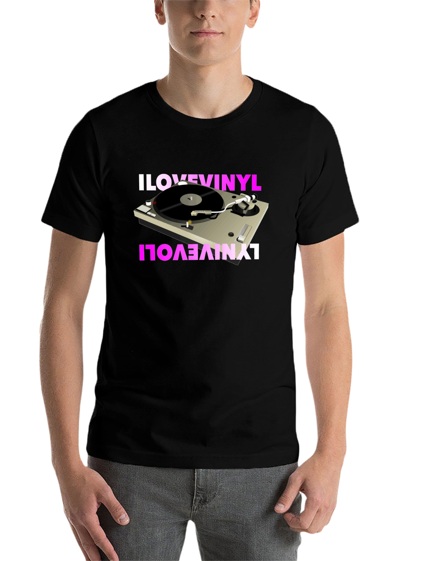Black I Love Vinyl Turntable Graphic T-Shirt view 7