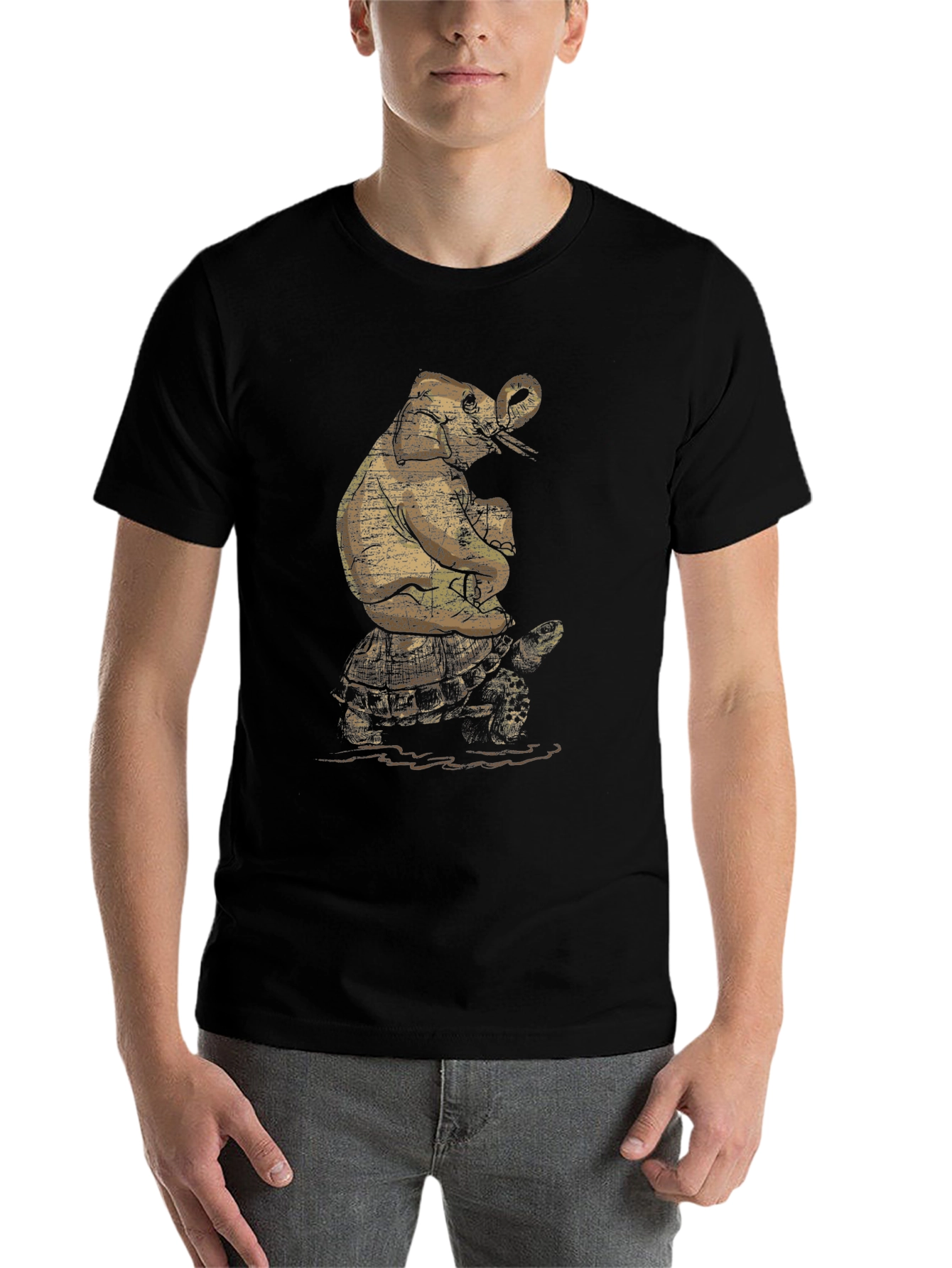 Black Elephant Riding Turtle Graphic T-Shirt view 7