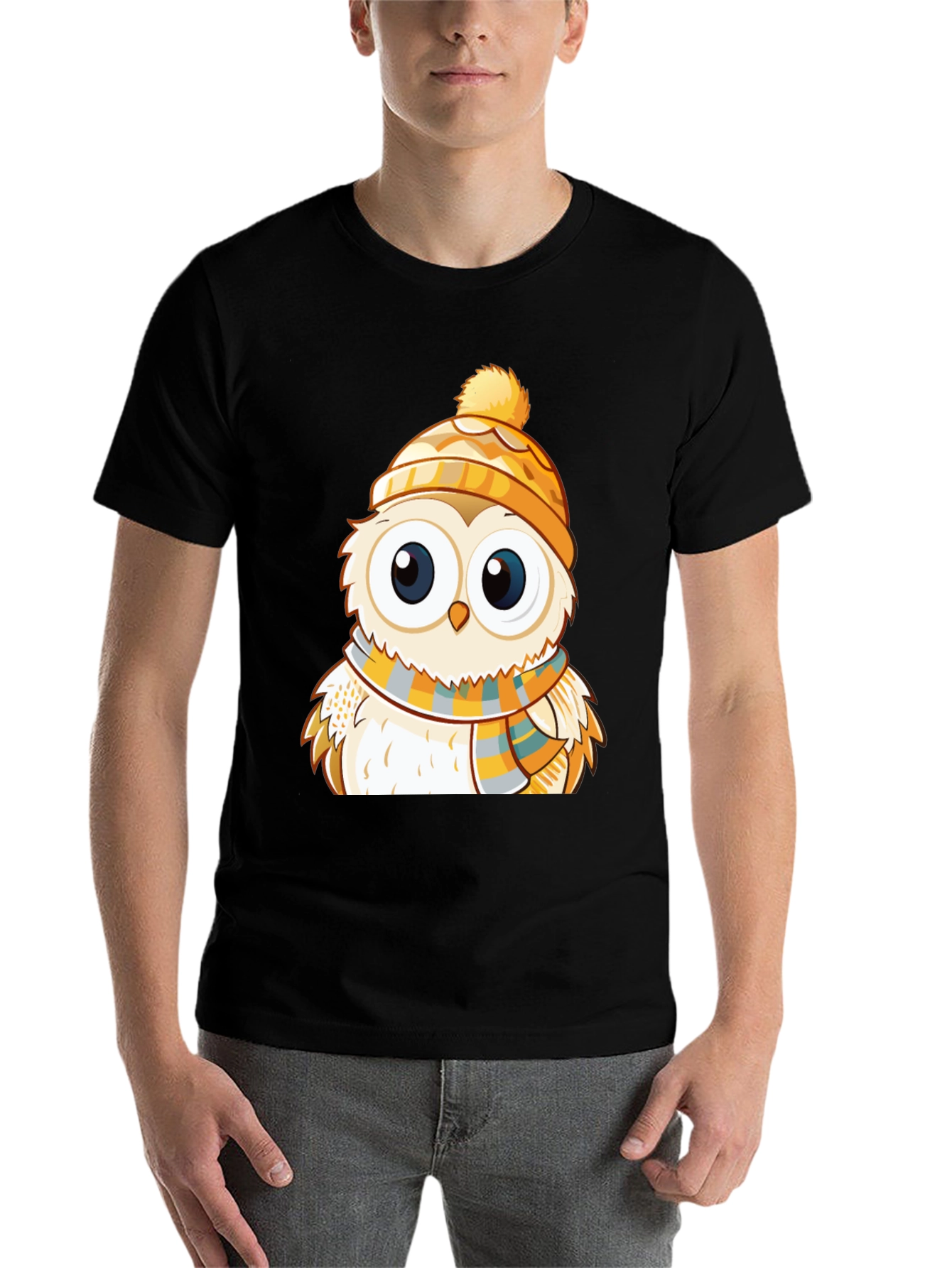 Black Owl with Hat & Scarf Graphic Tee view 7