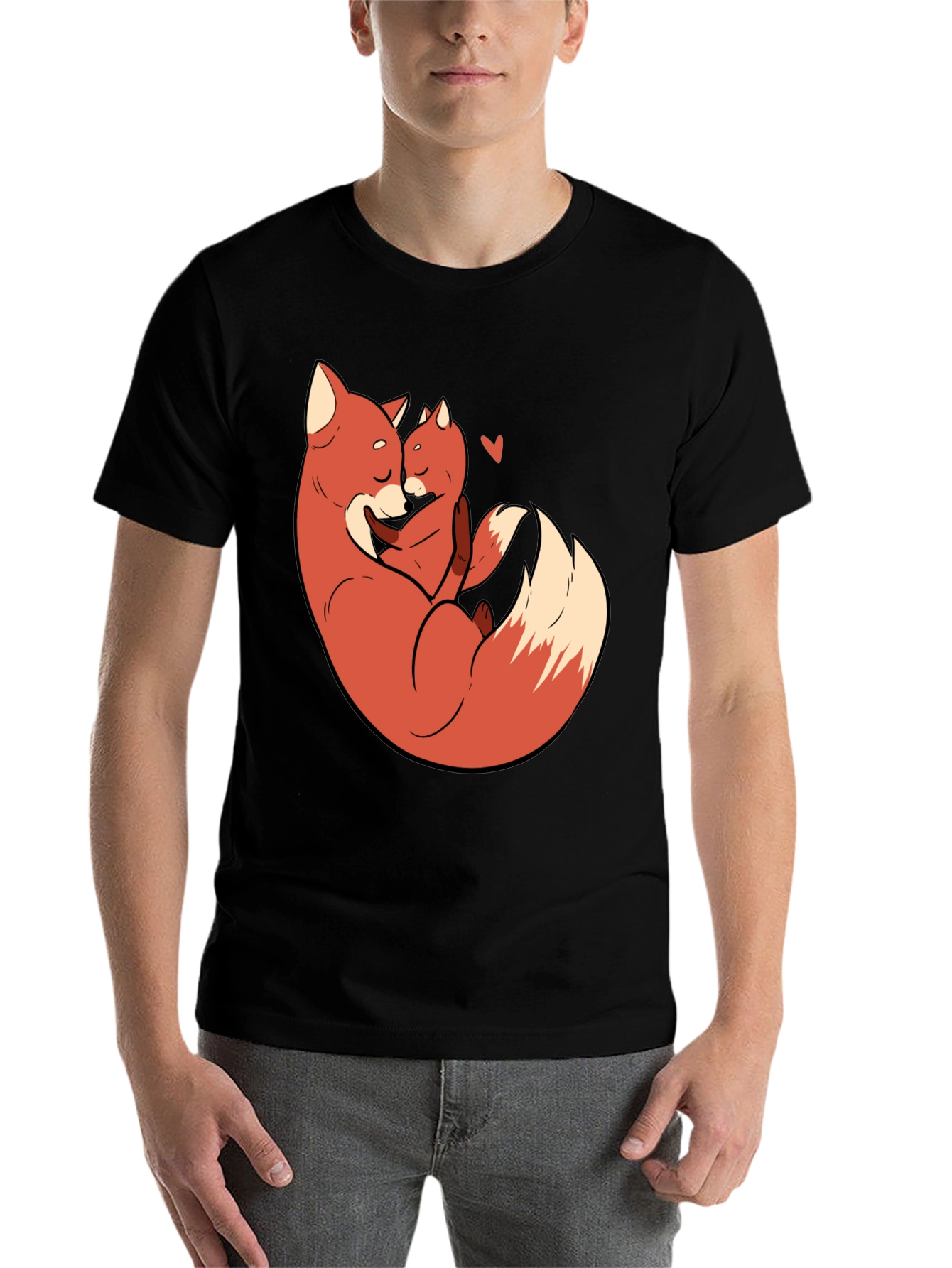 Black Fox Mom & Cub Love T-Shirt - Black, Cartoon Design view 7