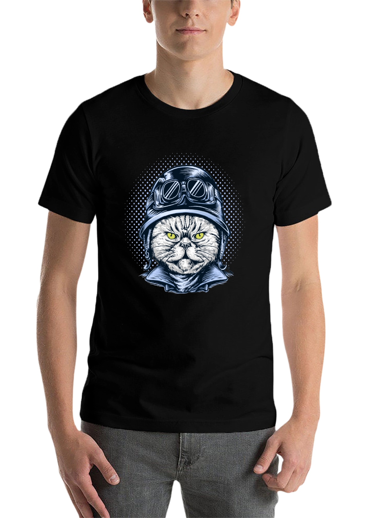 Black Cool Cat Biker Graphic T-Shirt - Black Cotton Tee view 7