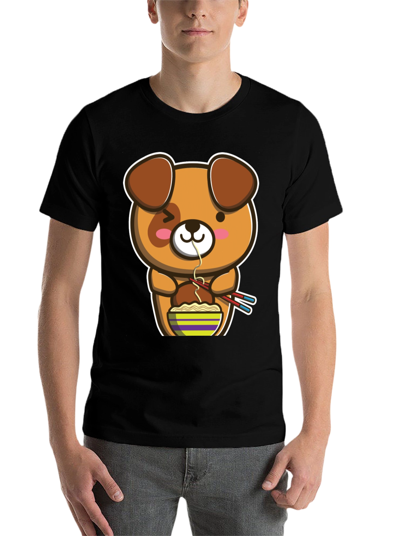 Black Cute Cartoon Dog Ramen T-Shirt view 7