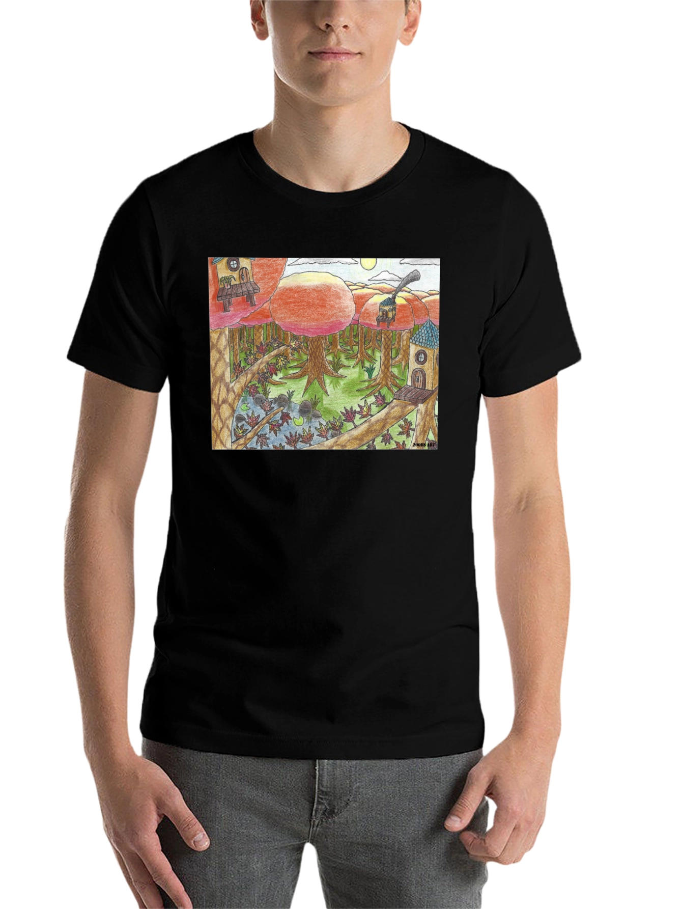 Black Whimsical Forest T-Shirt - Unique Graphic Tee view 7