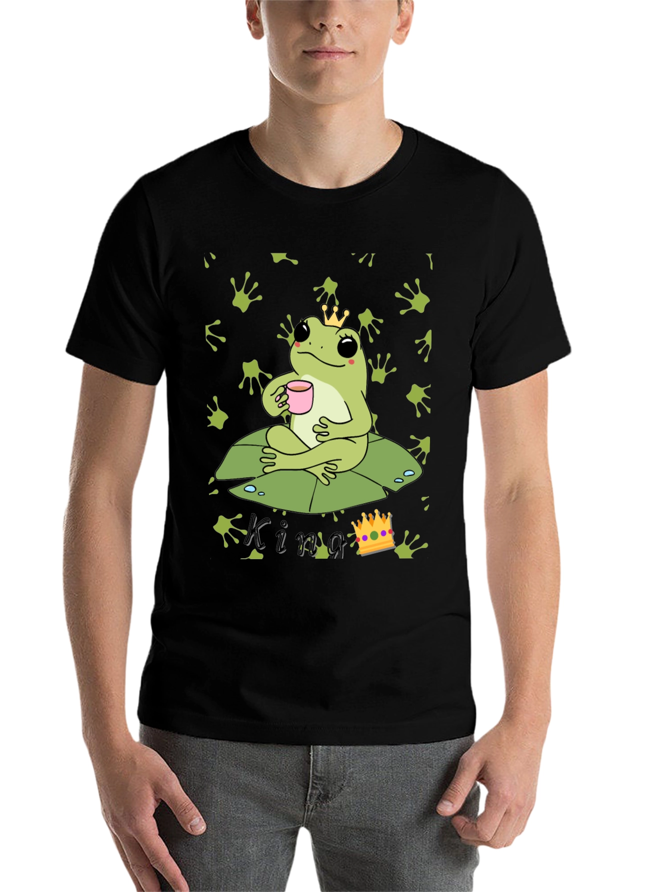 Black Frog King T-Shirt - Cute Frog with Crown Drinking Tea view 7