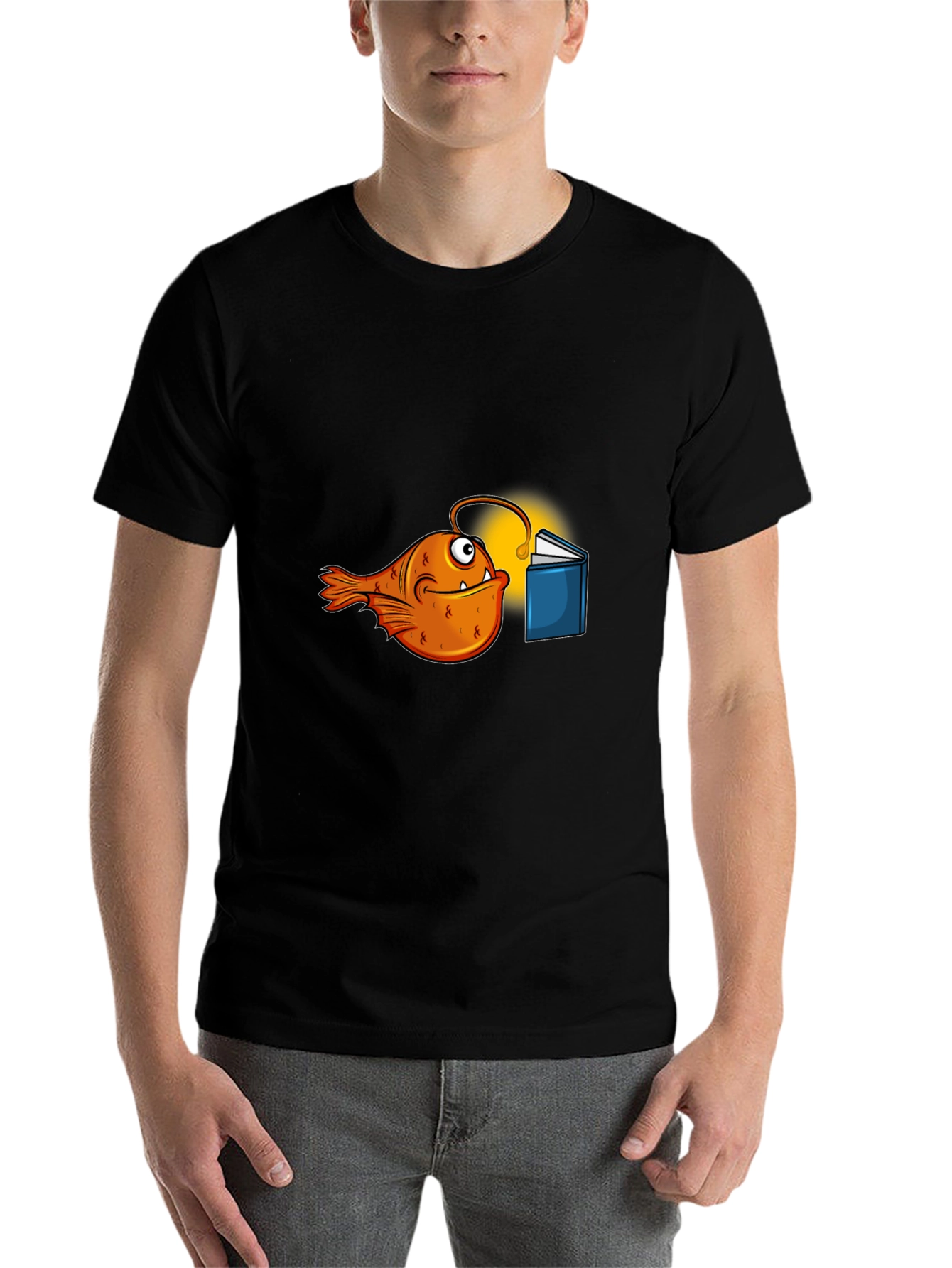Black Anglerfish Reading Book Graphic T-Shirt view 7
