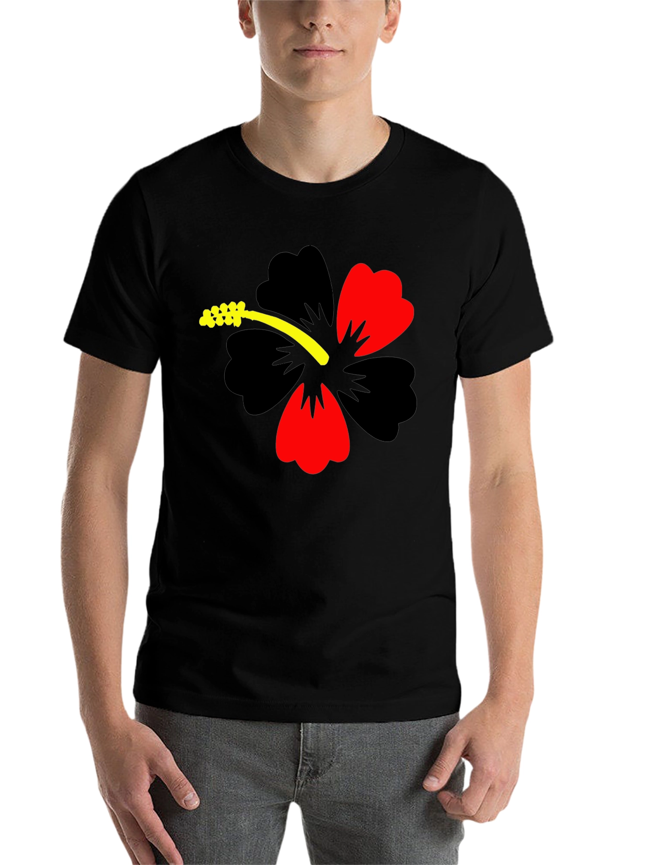 Black Hibiscus Flower Graphic Tee - Casual Black T-Shirt view 7