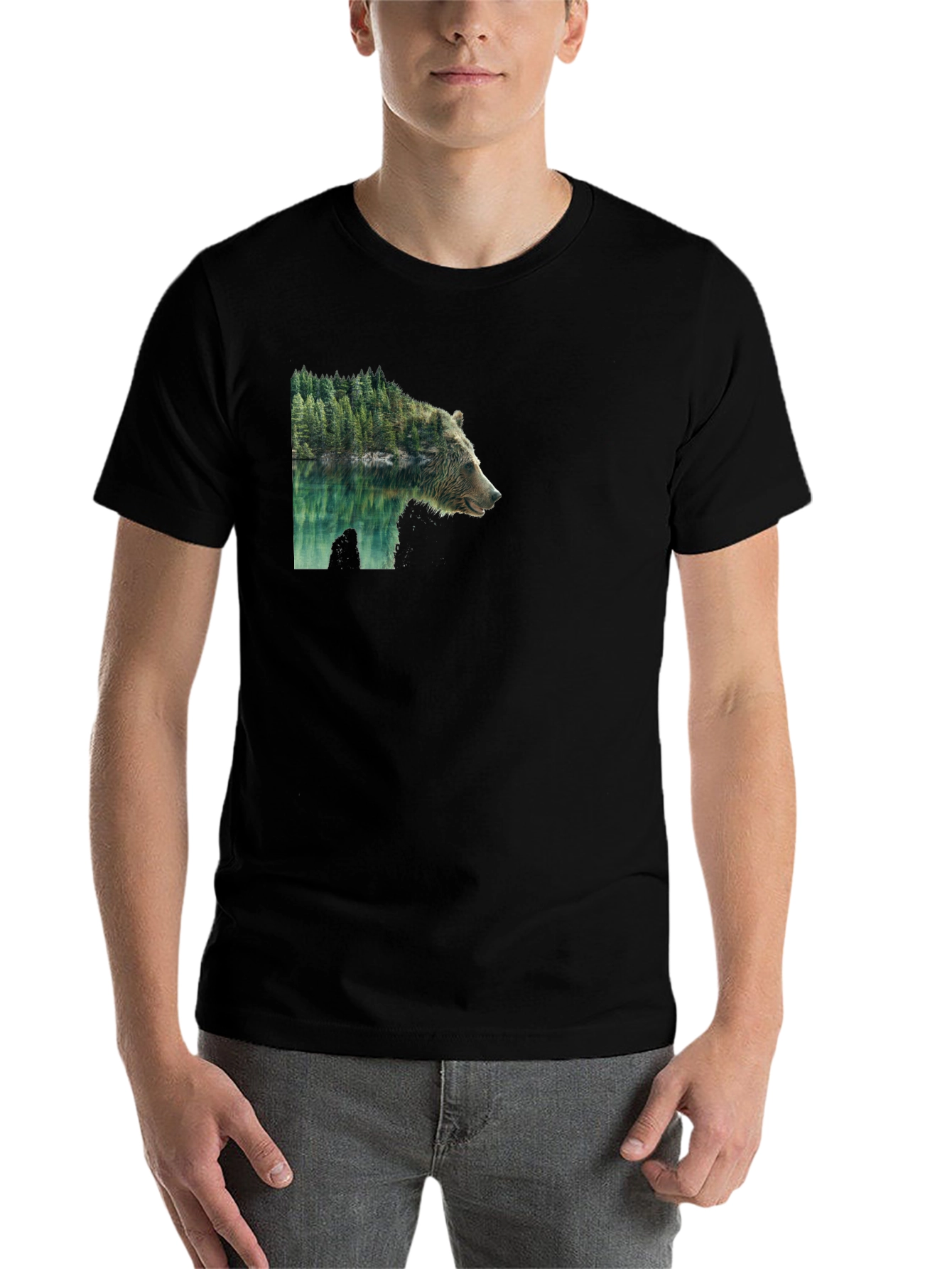 Black Bear & Forest Graphic Tee - Nature Inspired Print view 7