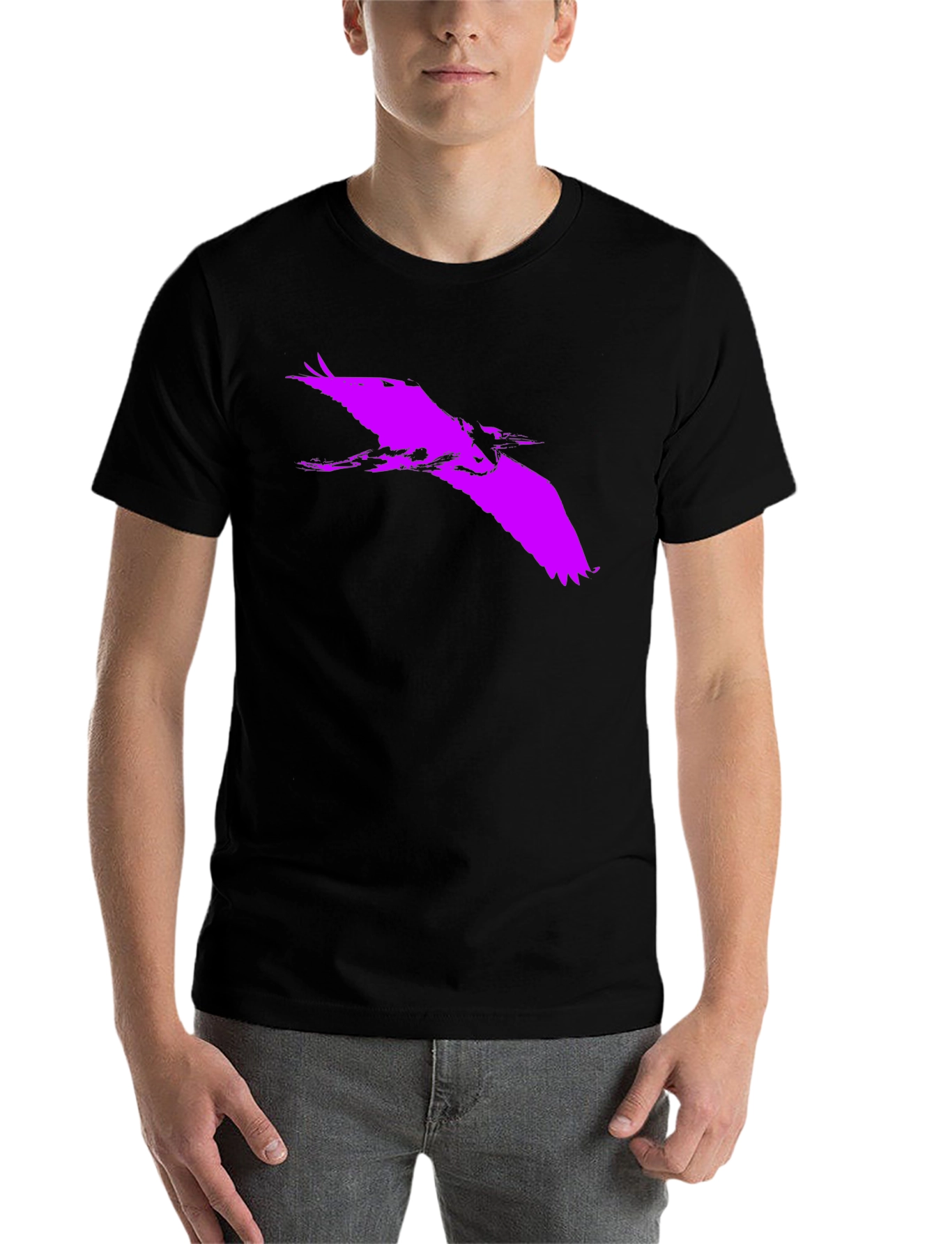 Black Bold Purple Heron Silhouette on Black Tee view 7