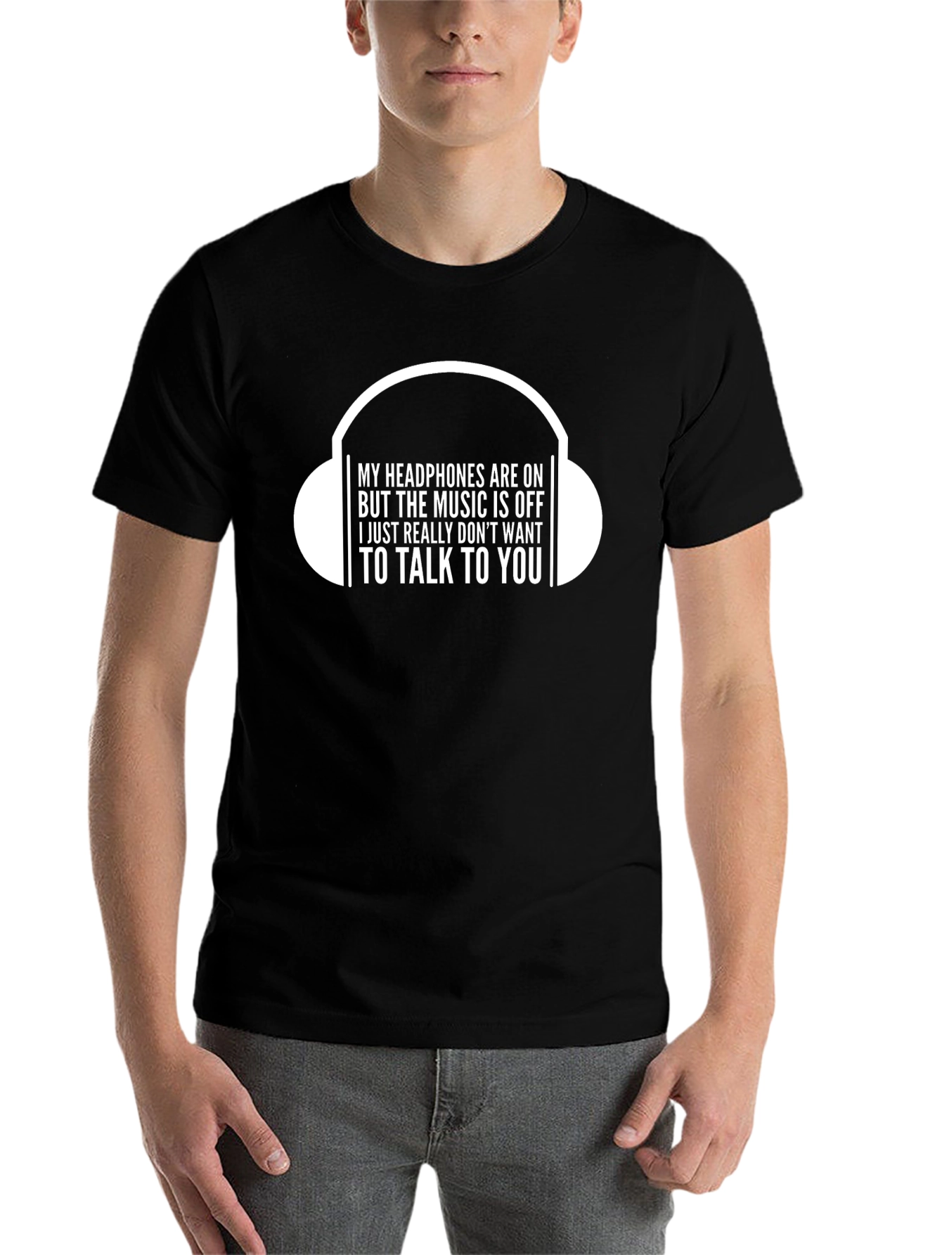 Black Funny Headphones On T-Shirt - Introvert Humor view 7