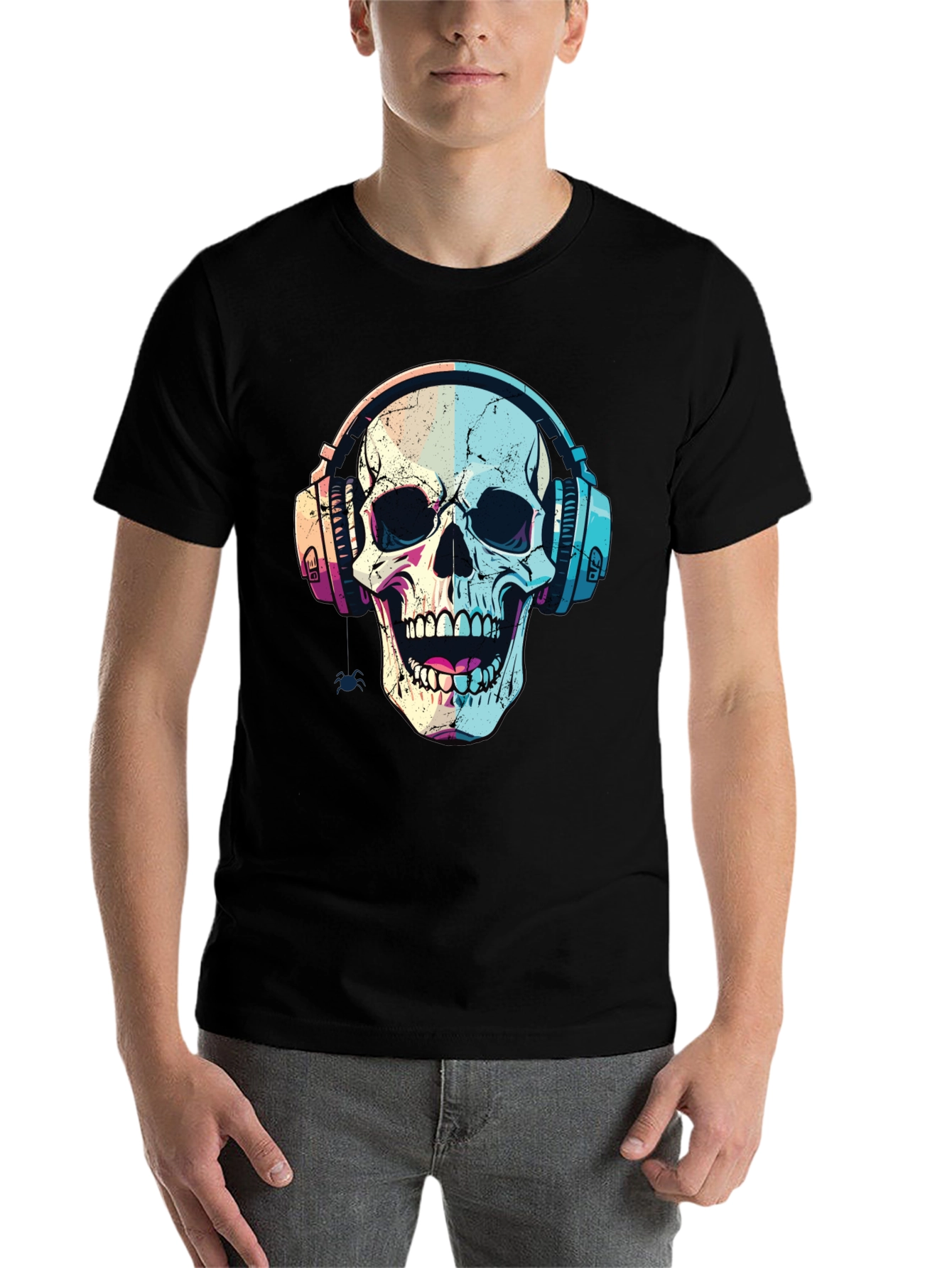 Black Skull with Headphones Graphic Tee - Trendy Music Lover Shirt view 7