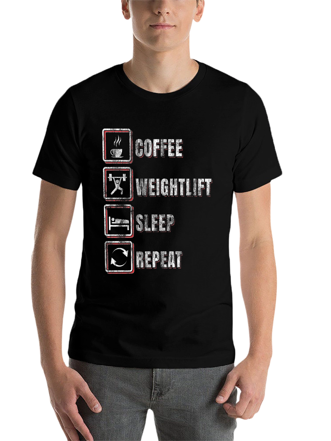 Black Coffee, Weightlift, Sleep, Repeat Black T-Shirt view 7