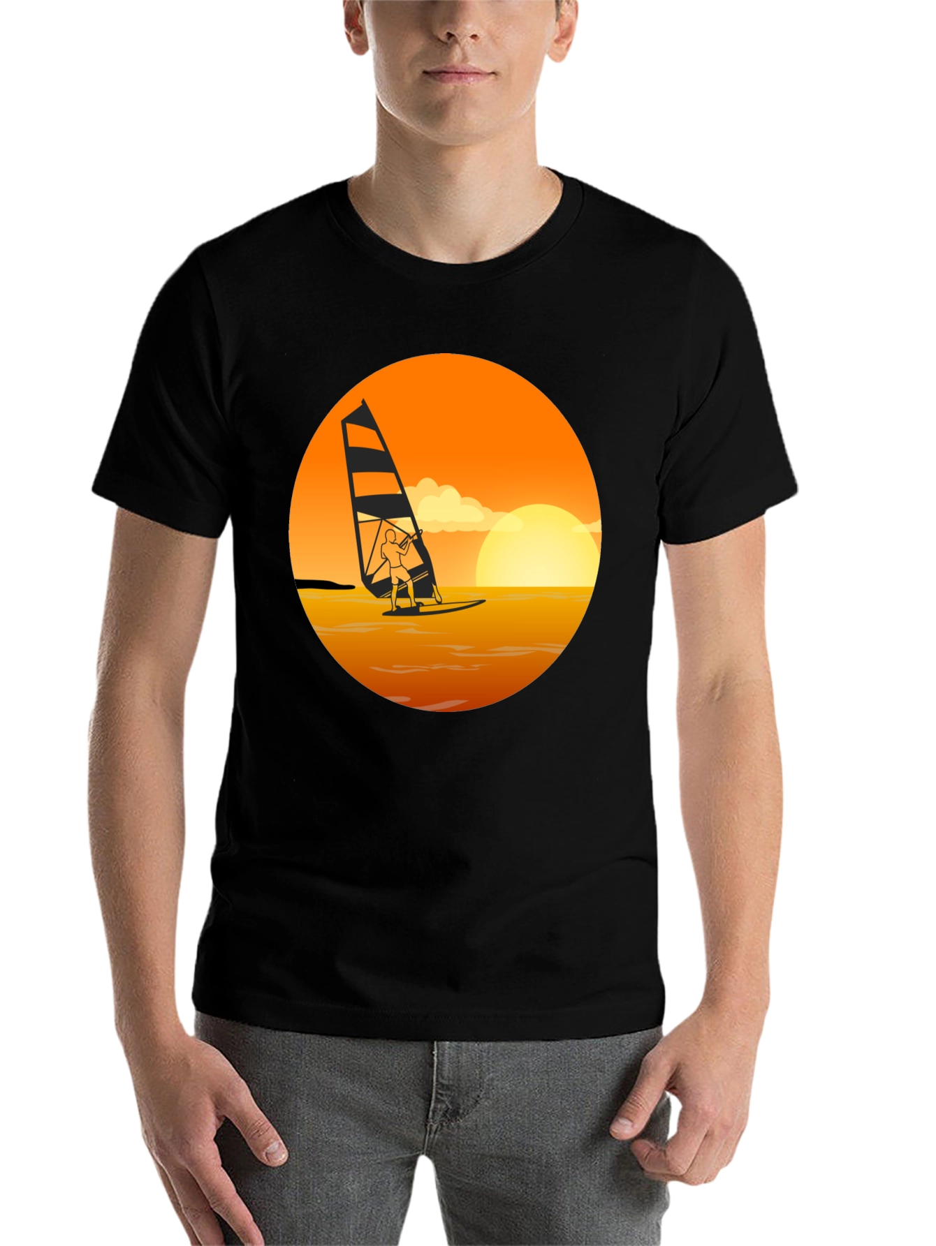 Black Windsurfing Sunset Graphic Tee - Black Cotton T-Shirt view 7