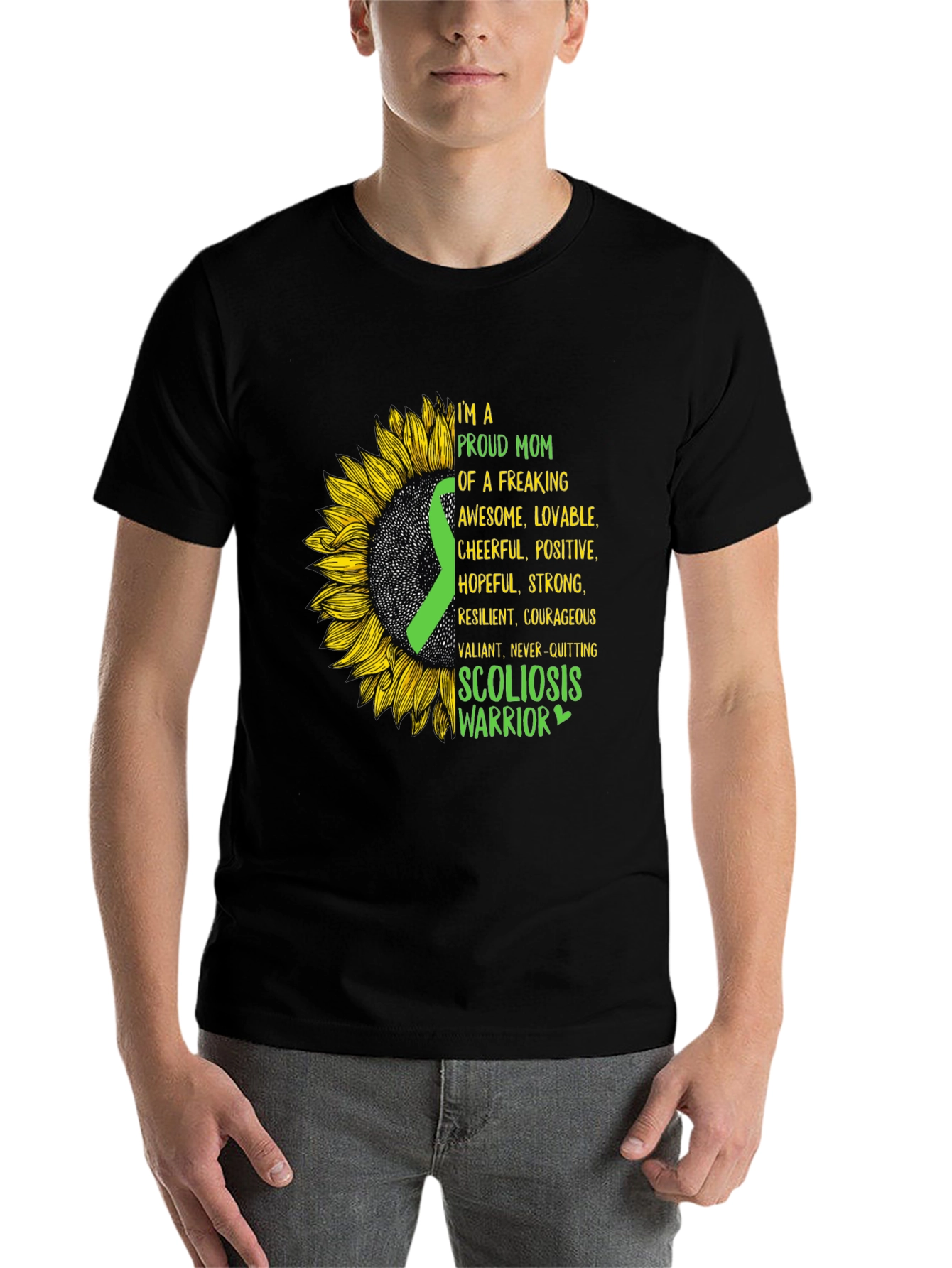 Black Proud Mom Scoliosis Warrior T-Shirt view 7