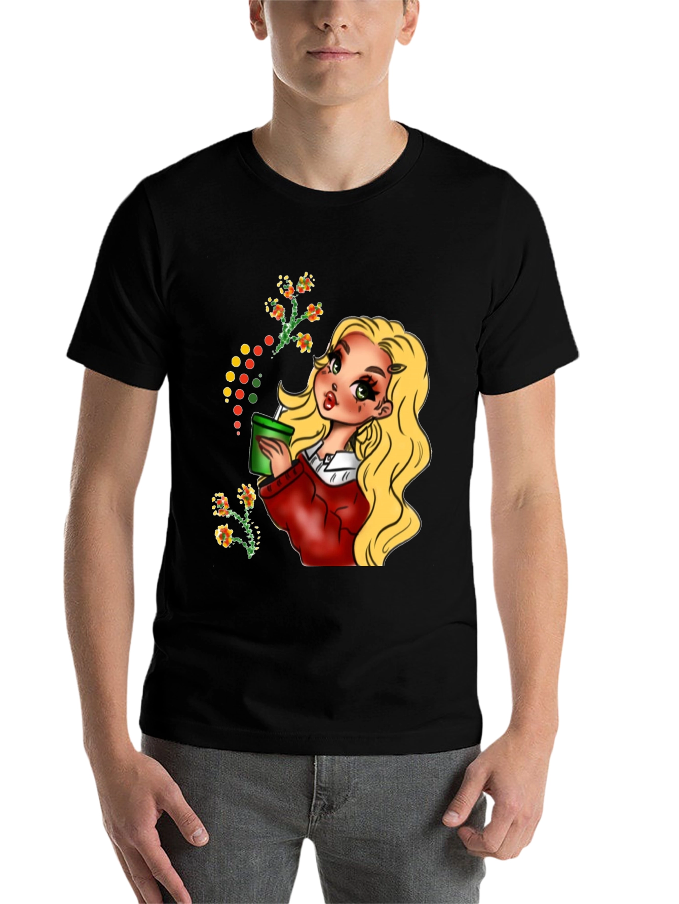 Black Blonde Cartoon Girl Black T-Shirt view 7