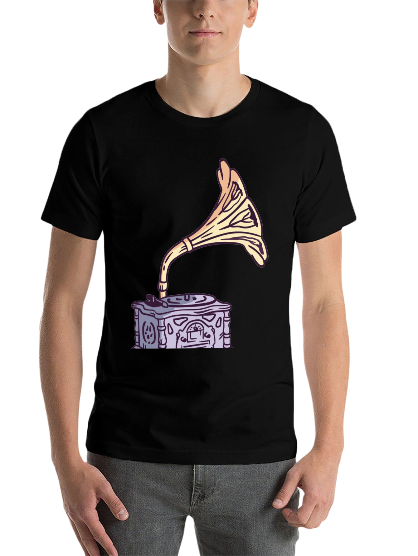 Black Vintage Gramophone Graphic Tee - Retro Music Lover Shirt view 7