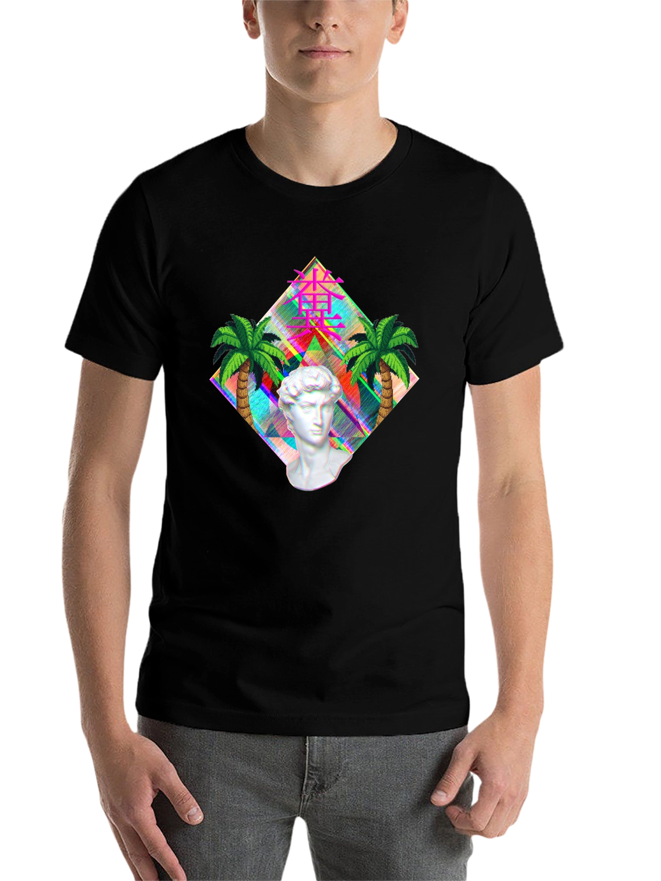 Black Vaporwave Statue Graphic T-Shirt - Men's Black Tee view 7