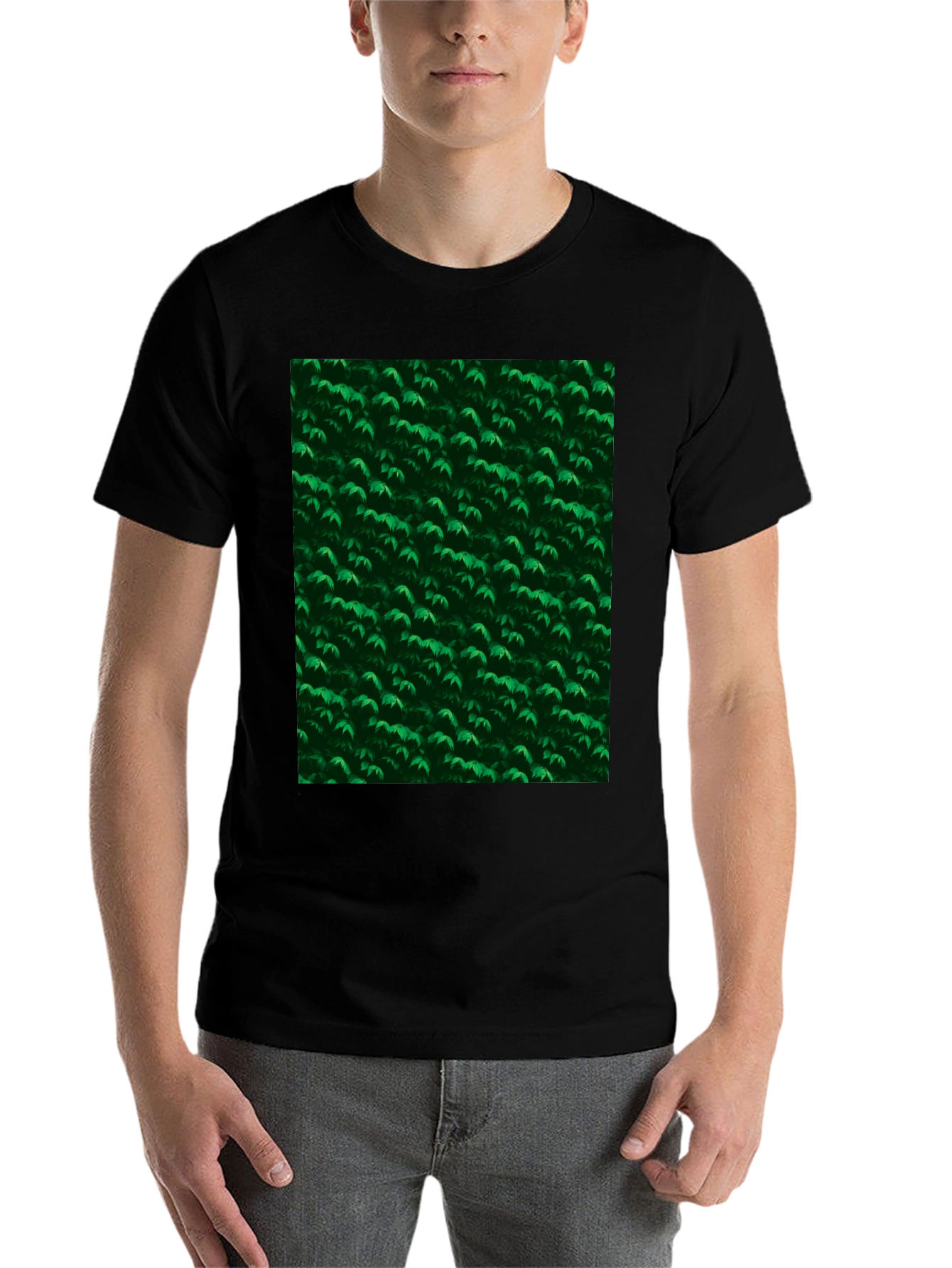 Black Green Leaves Pattern Black T-Shirt view 7