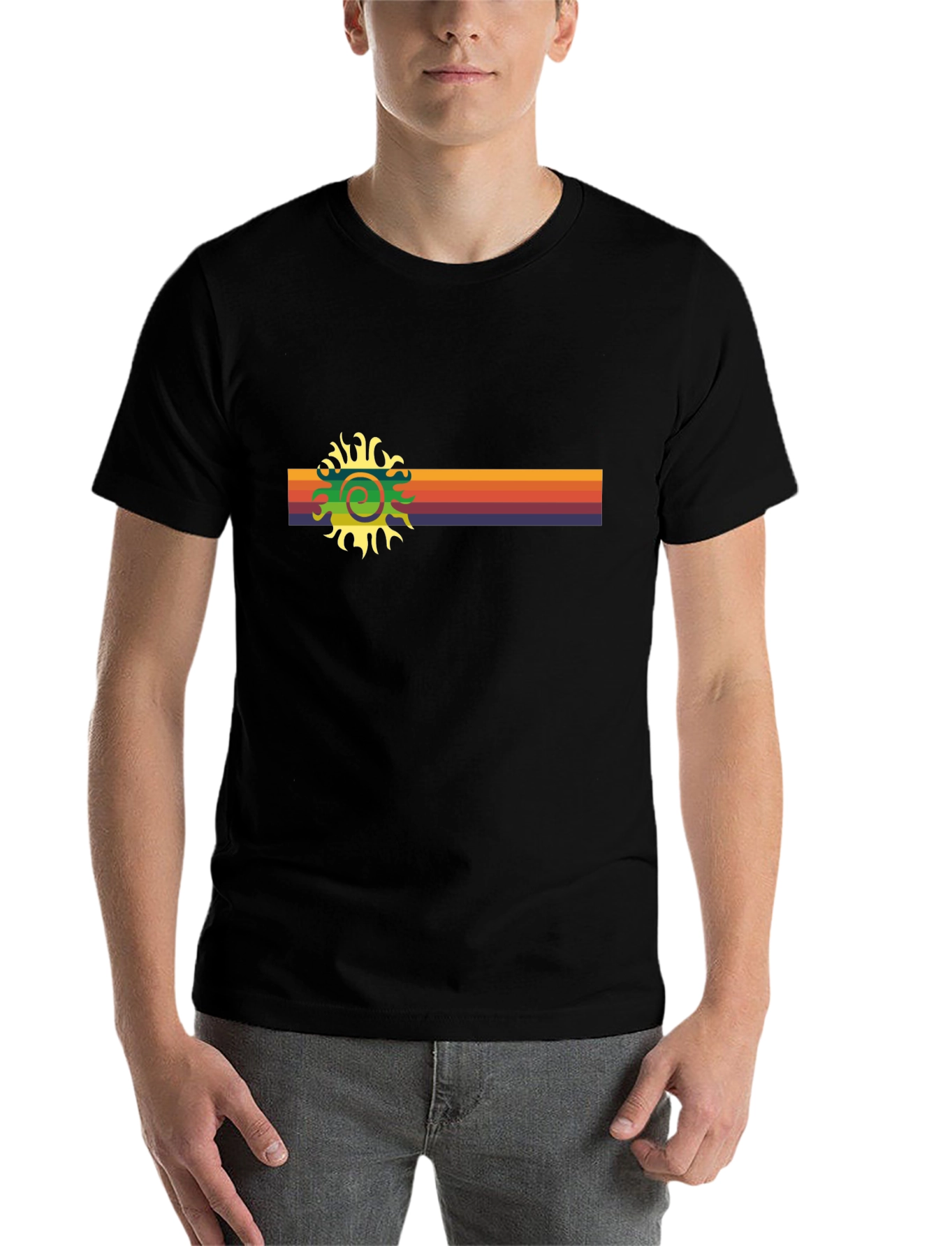Black Retro Sun T-Shirt - Vintage Stripe Design view 7
