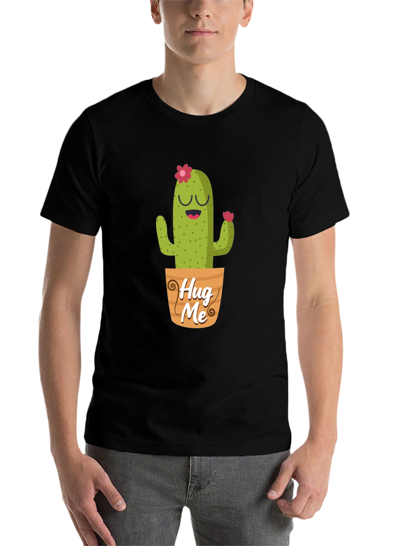 Black Cute Cactus "Hug Me" Graphic T-Shirt view 7