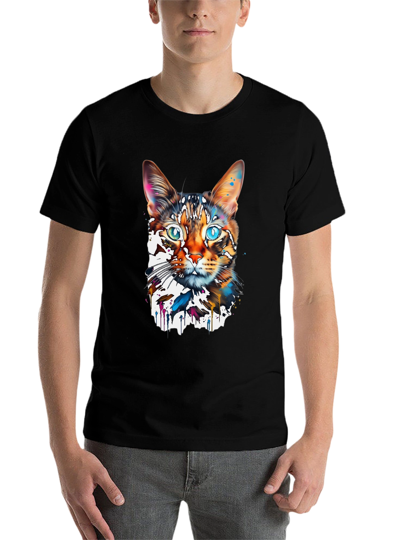Black Abstract Cat Graphic Tee - Modern Art T-Shirt view 7