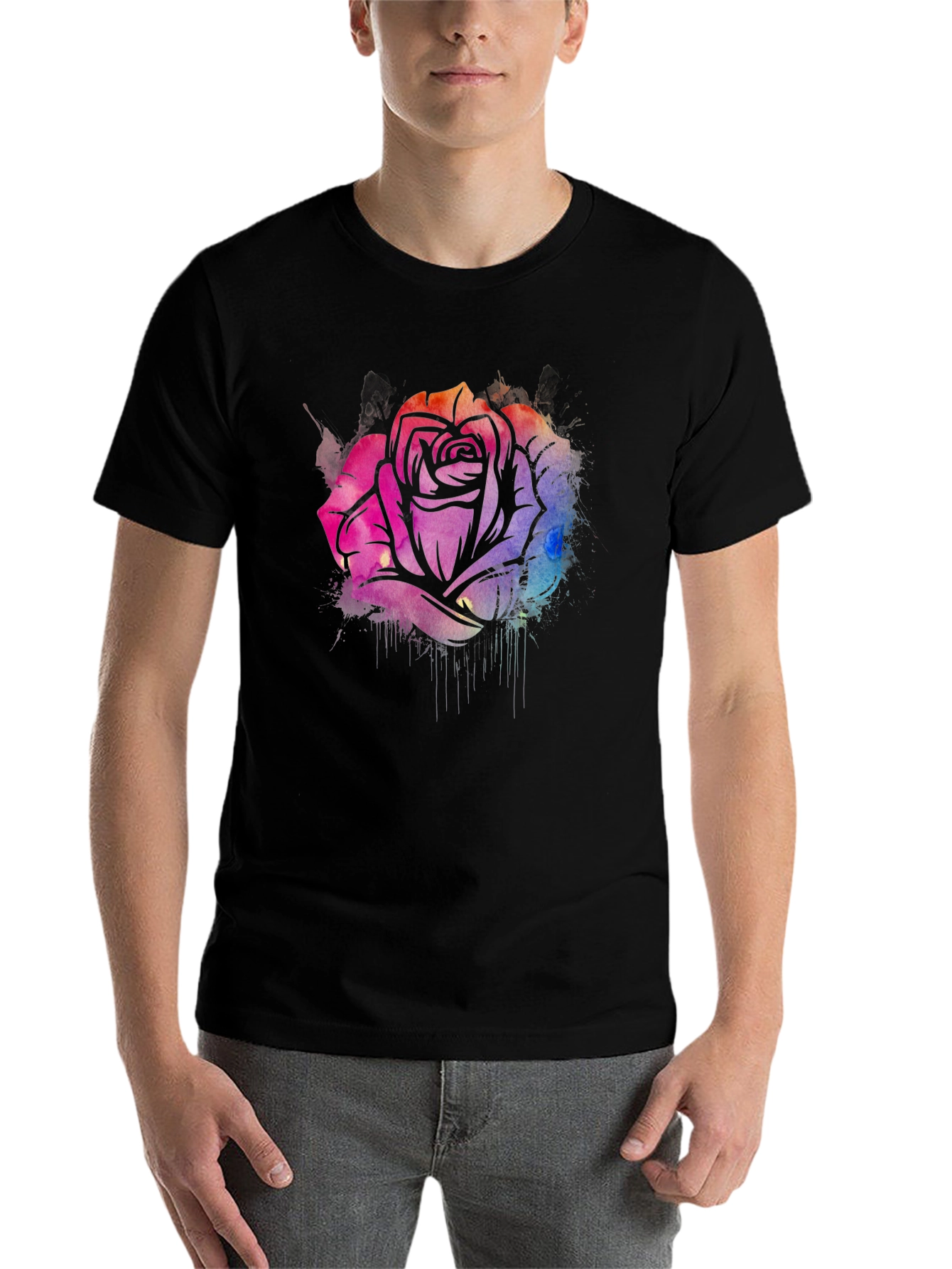 Black Watercolor Rose Graphic Tee - Stylish Black T-Shirt view 7