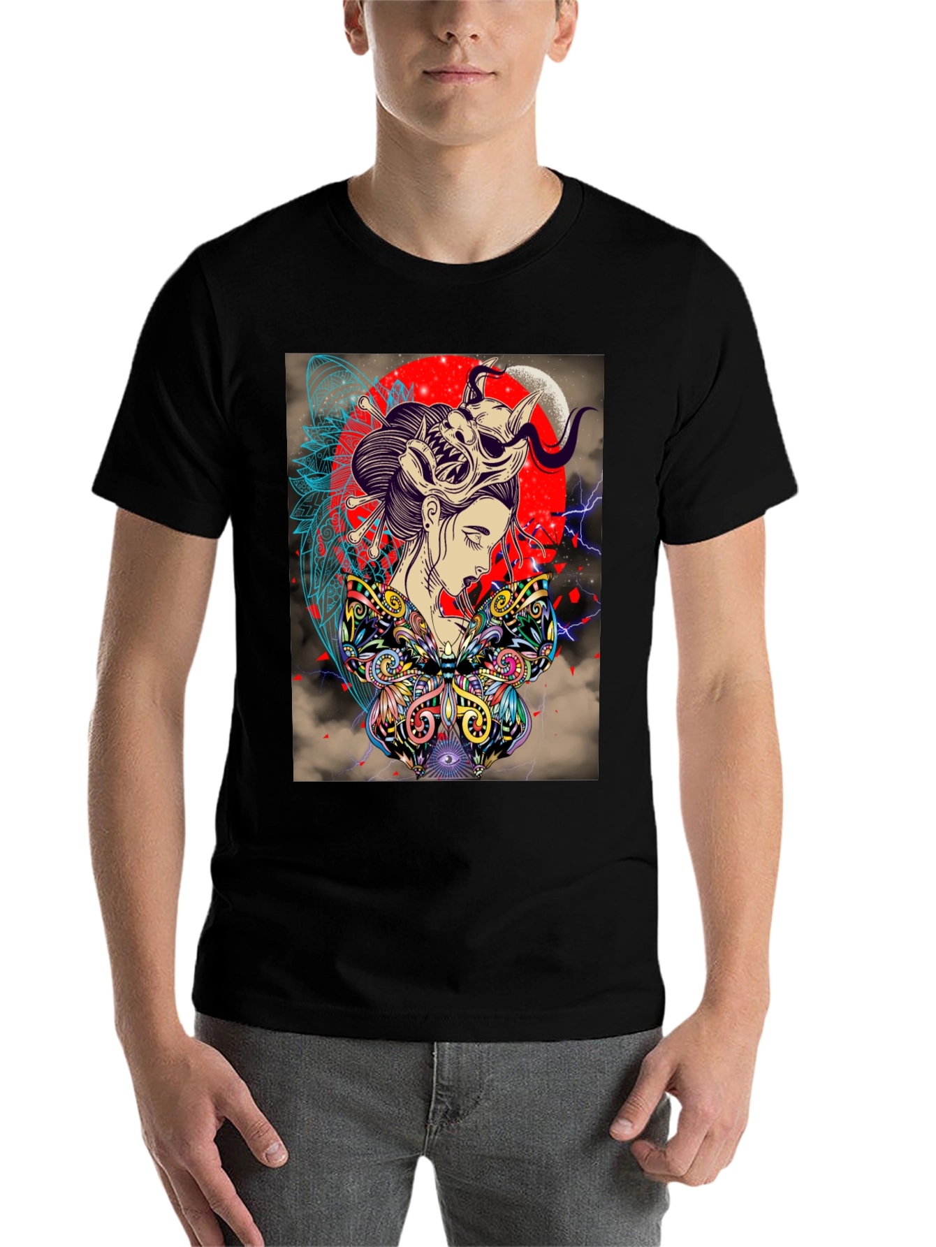 Black Geisha Mask Graphic Print Black T-Shirt view 7