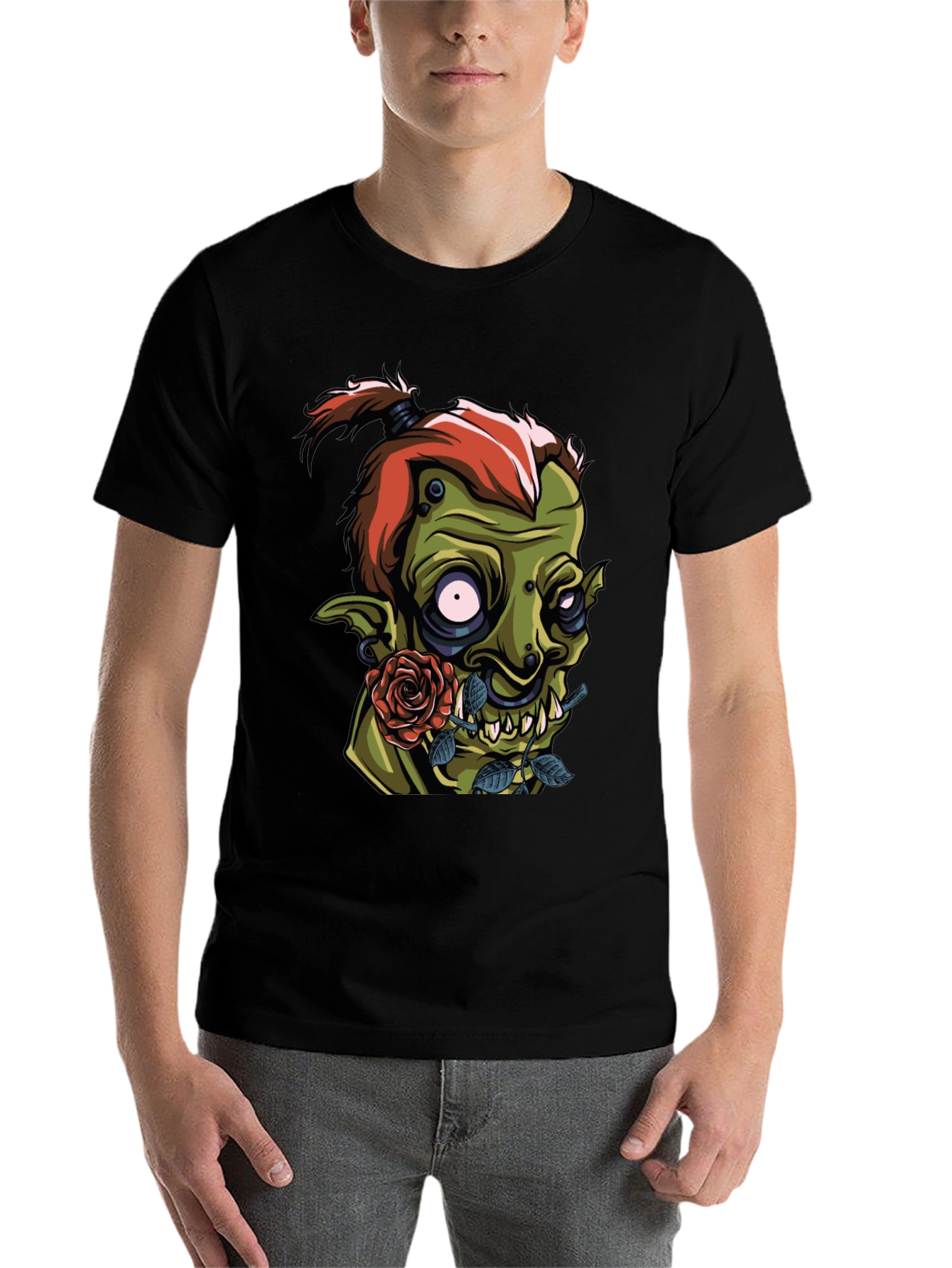 Black Men's Black T-Shirt - Goblin and Rose Design view 7