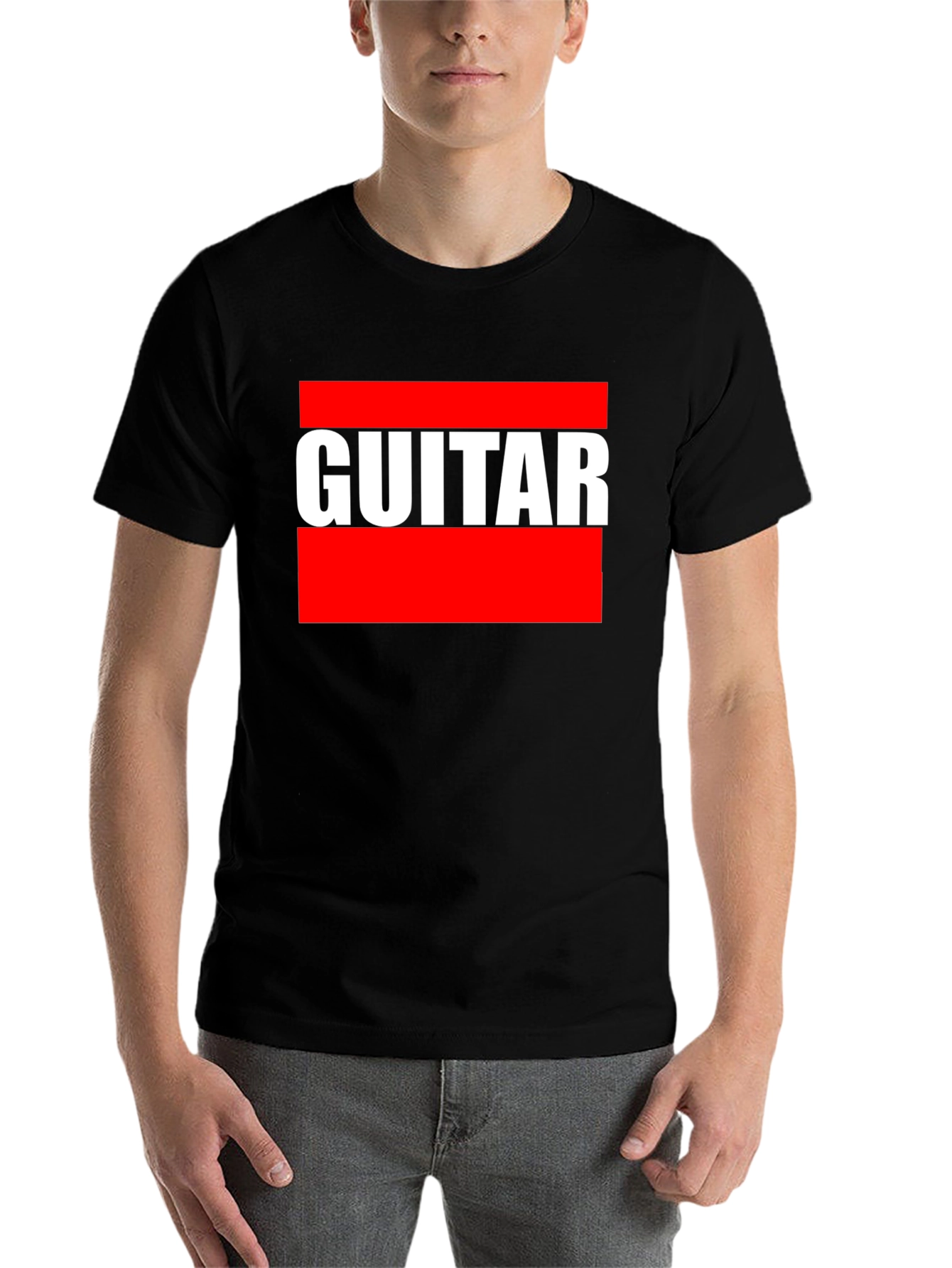 Black Guitar T-Shirt - Bold Red and White Design view 7