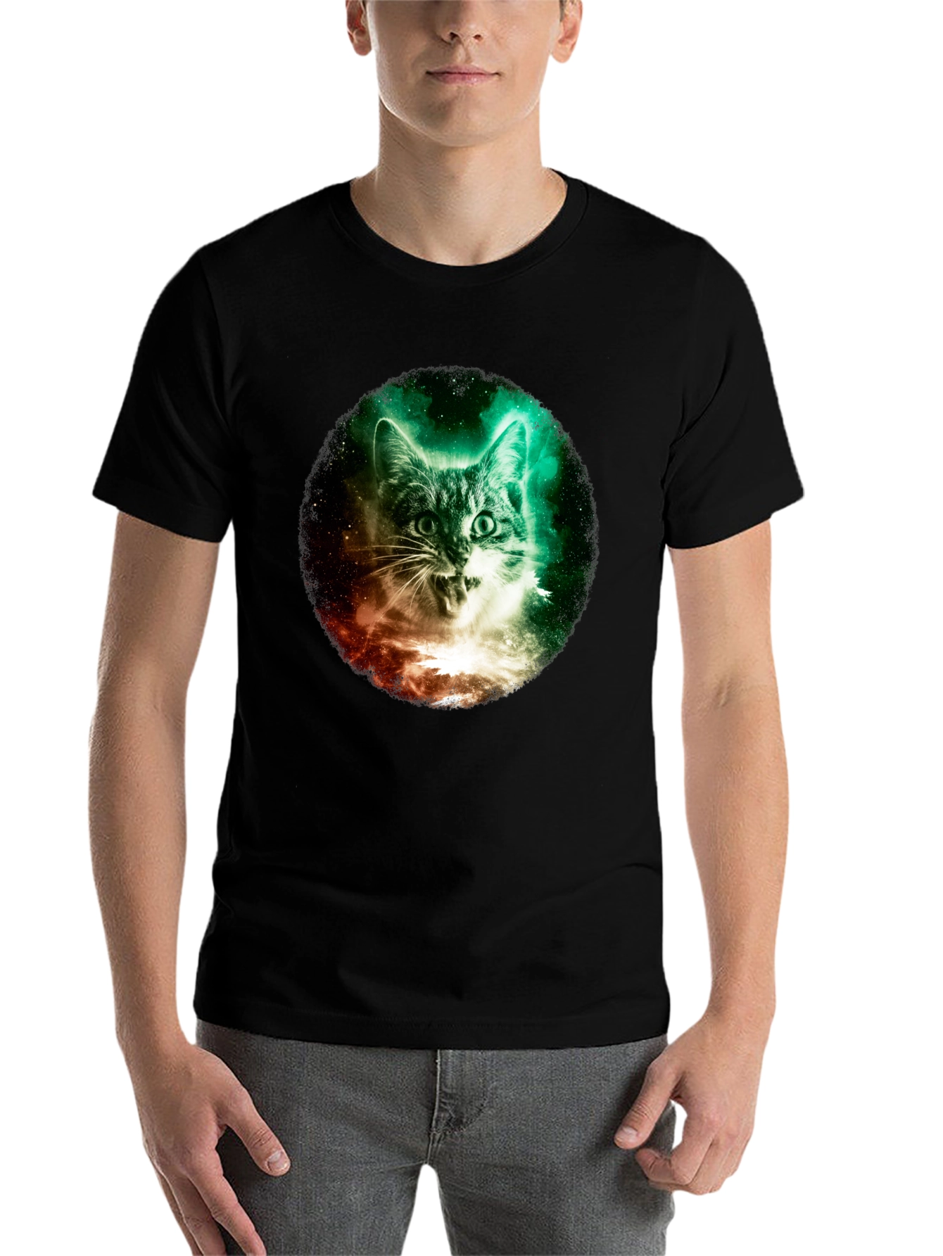 Black Cosmic Cat Graphic Tee - Galaxy Kitten T-Shirt view 7