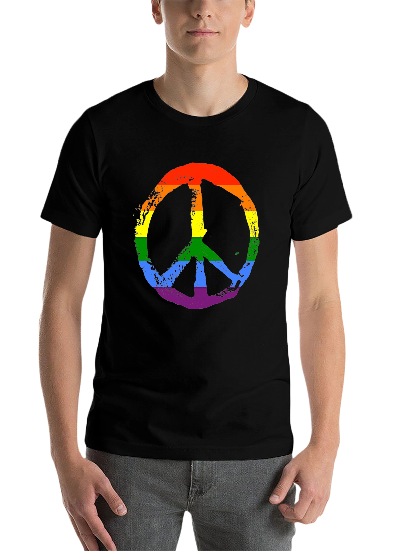 Black Rainbow Peace Sign Graphic Tee - Black Unisex T-Shirt view 7