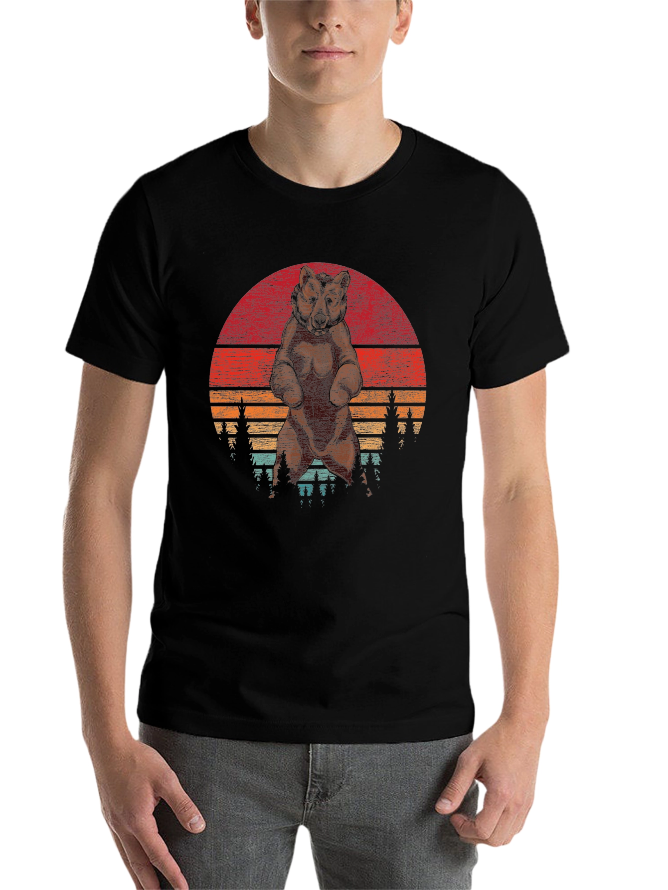 Black Retro Bear Sunset T-Shirt - Vintage Style Design view 7