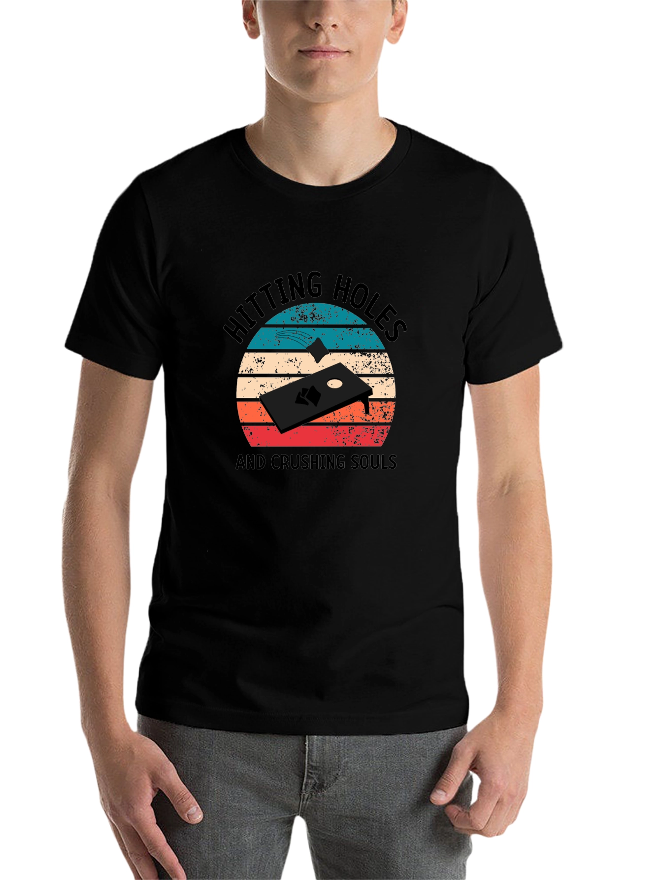 Black Hitting Holes Cornhole T-Shirt view 7