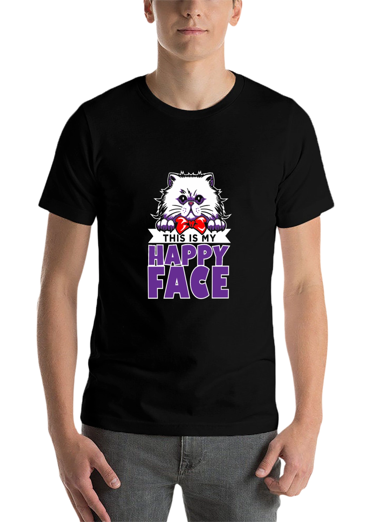 Black Happy Face Cat T-Shirt - Funny Pet Lover Tee view 7