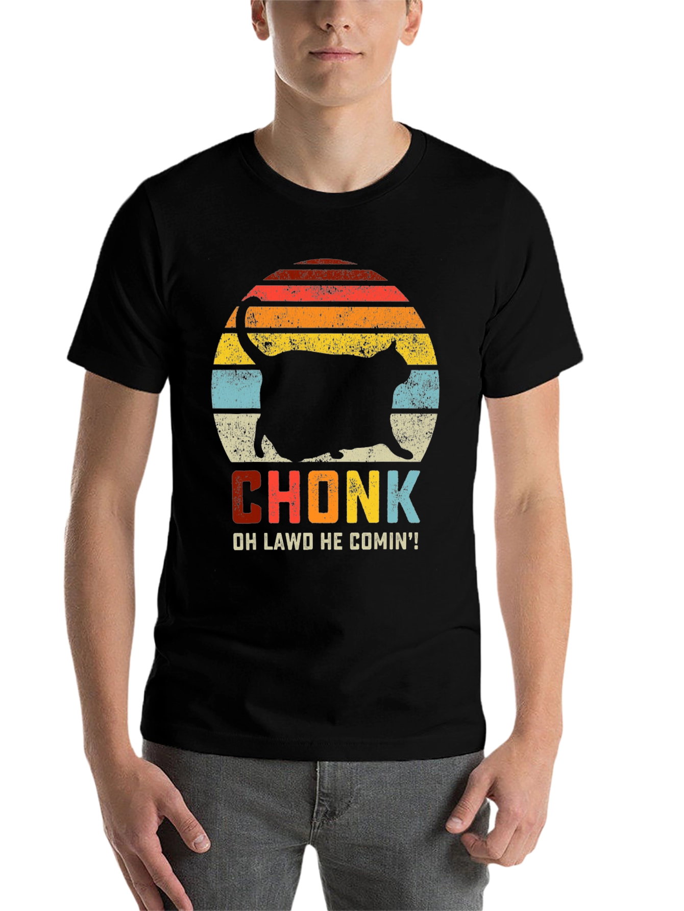Black Chonk Cat T-Shirt: Oh Lawd He Comin'! view 7