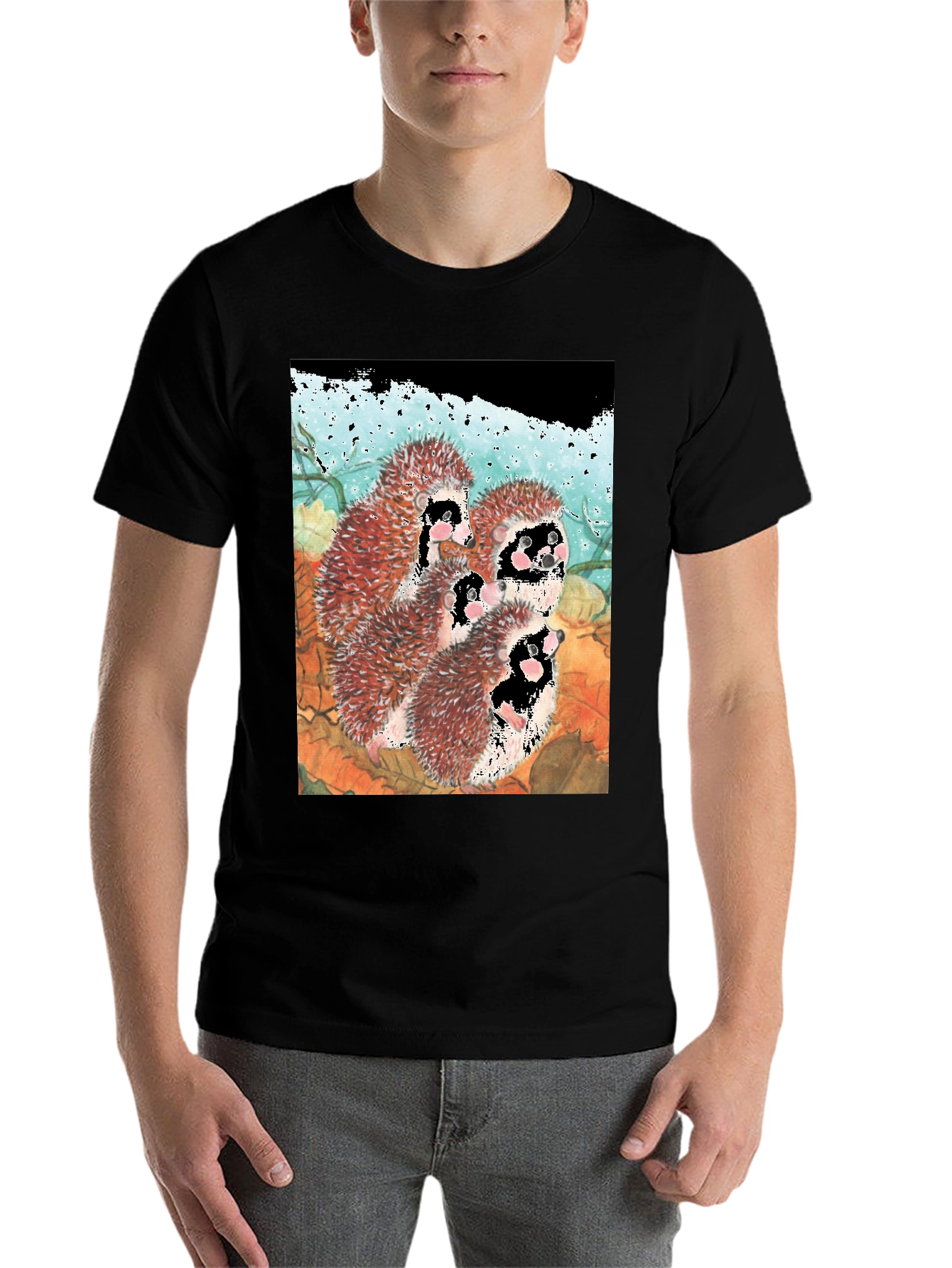 Black Hedgehog Family T-Shirt - Black Cotton Tee view 7