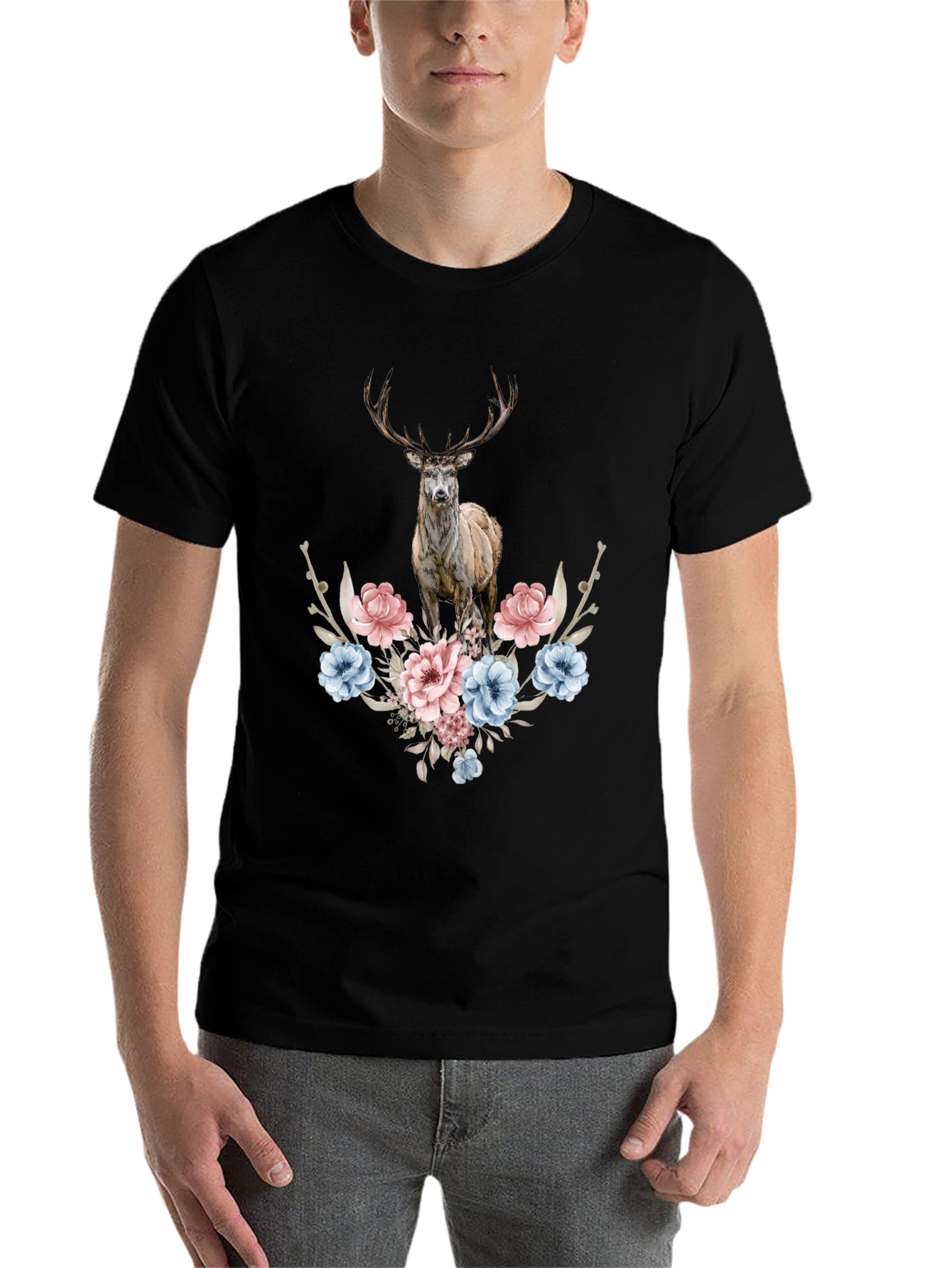 Black Floral Deer Graphic Tee - Men's Black T-Shirt view 7