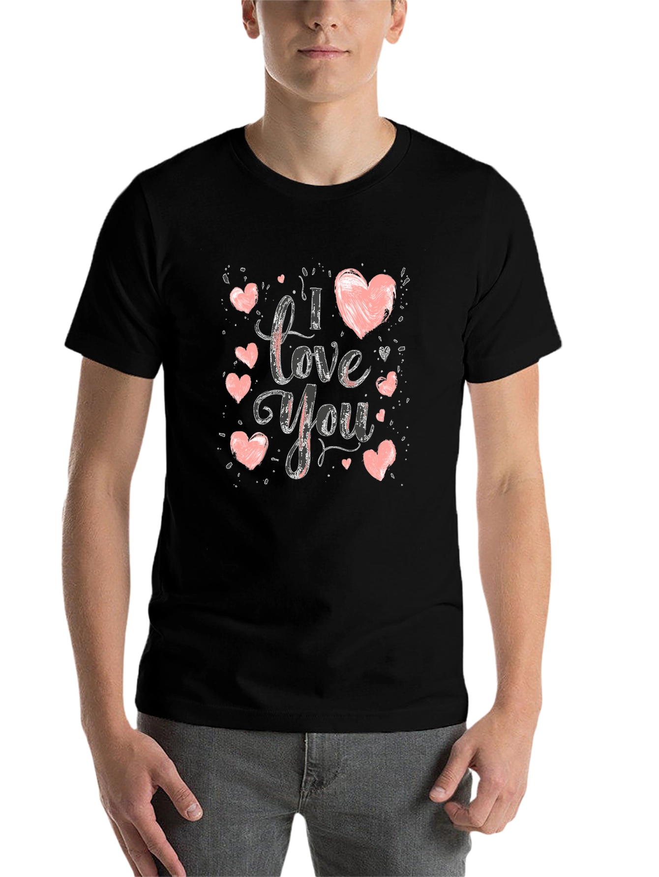 Black I Love You Graphic Print Crew Neck T-Shirt view 7