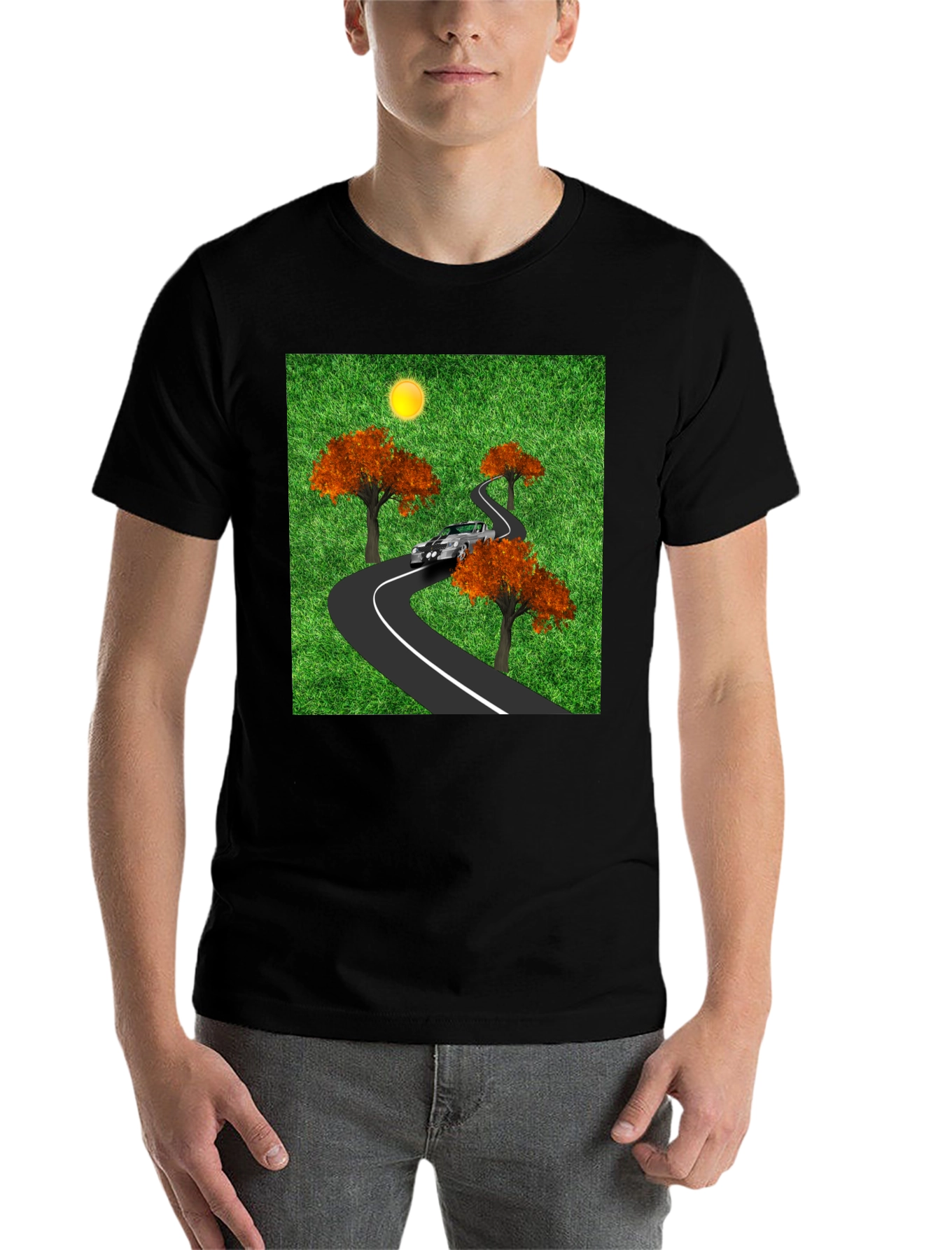 Black Road Trip T-Shirt - Car, Trees, and Scenic Route view 7
