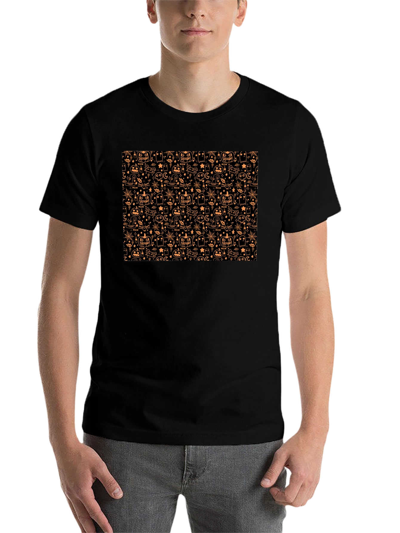 Black Halloween Pattern T-Shirt - Spooky Season Style view 7
