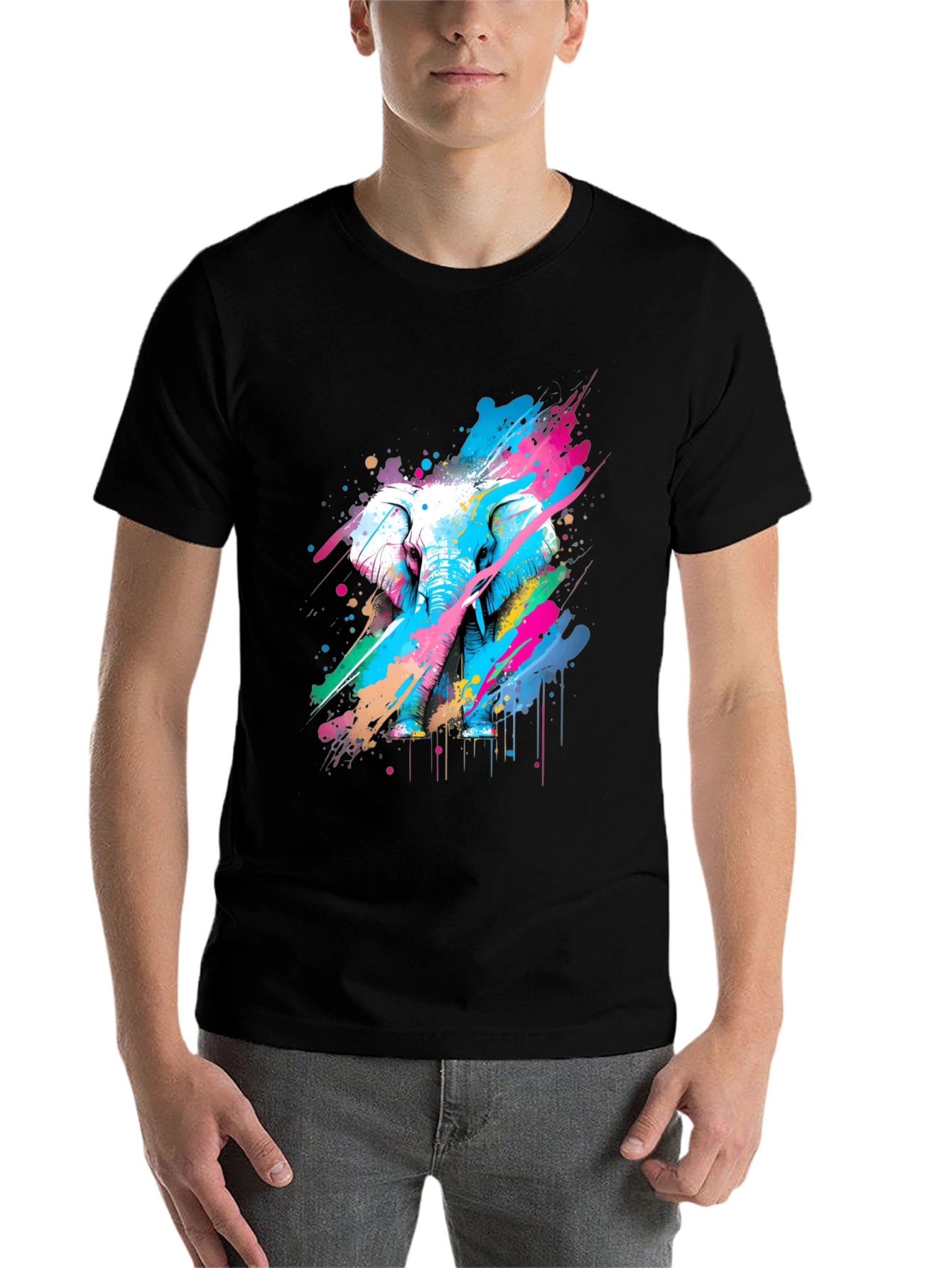 Black Colorful Elephant Graphic T-Shirt - Artistic Design view 7