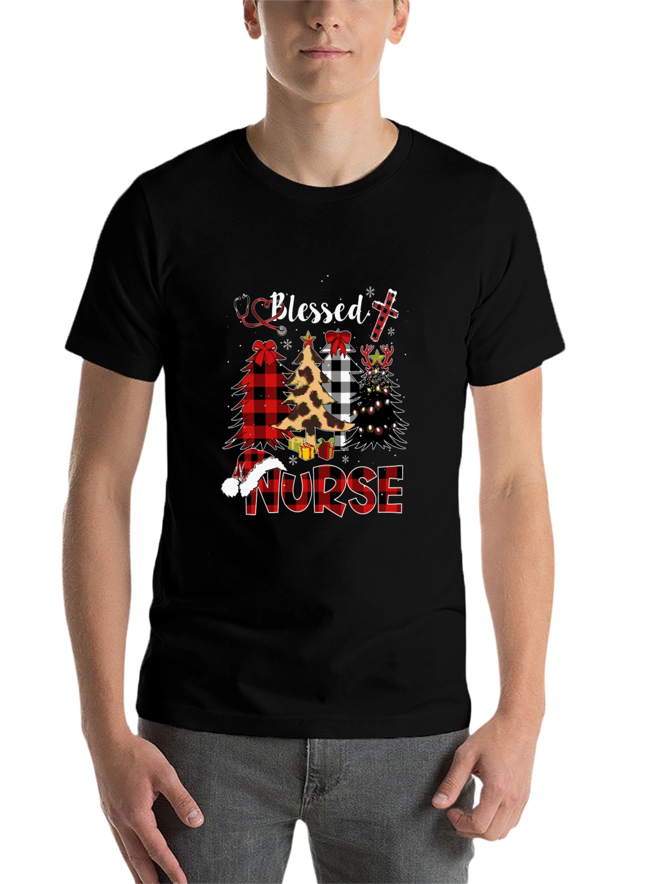 Black Blessed Nurse Christmas Tree Plaid T-Shirt view 7