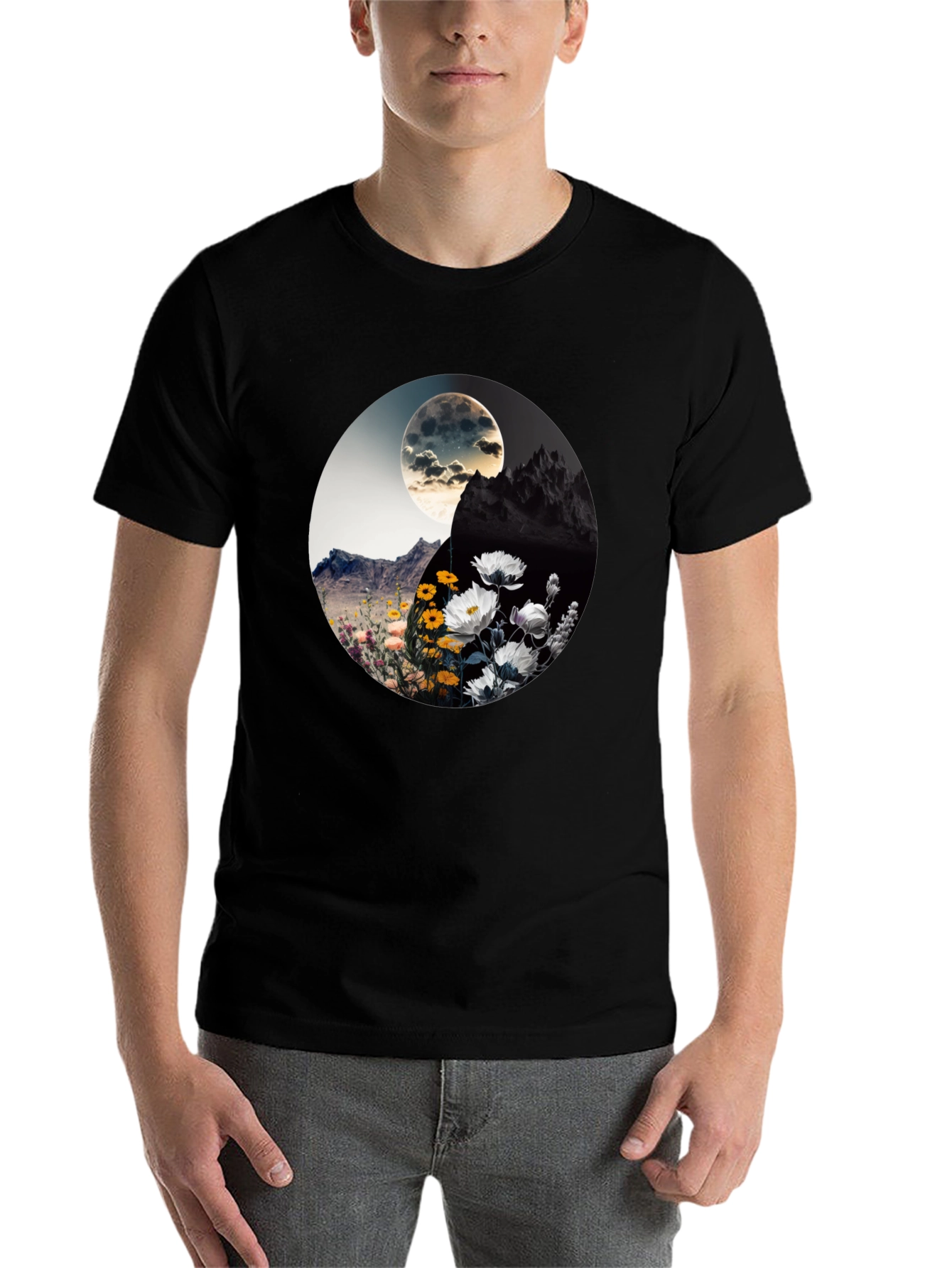 Black Yin Yang Floral Graphic Tee - Stylish Comfort view 7