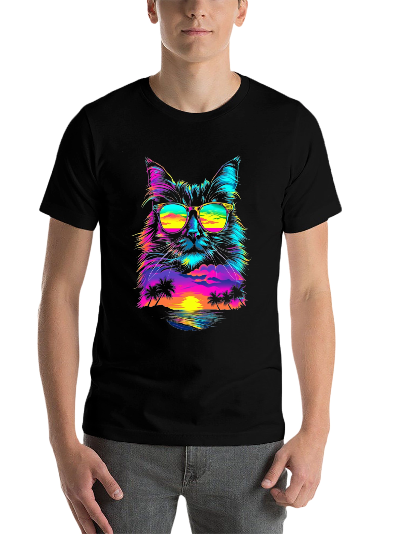 Black Retro Sunset Cat T-Shirt - Vibrant Graphic Tee view 7
