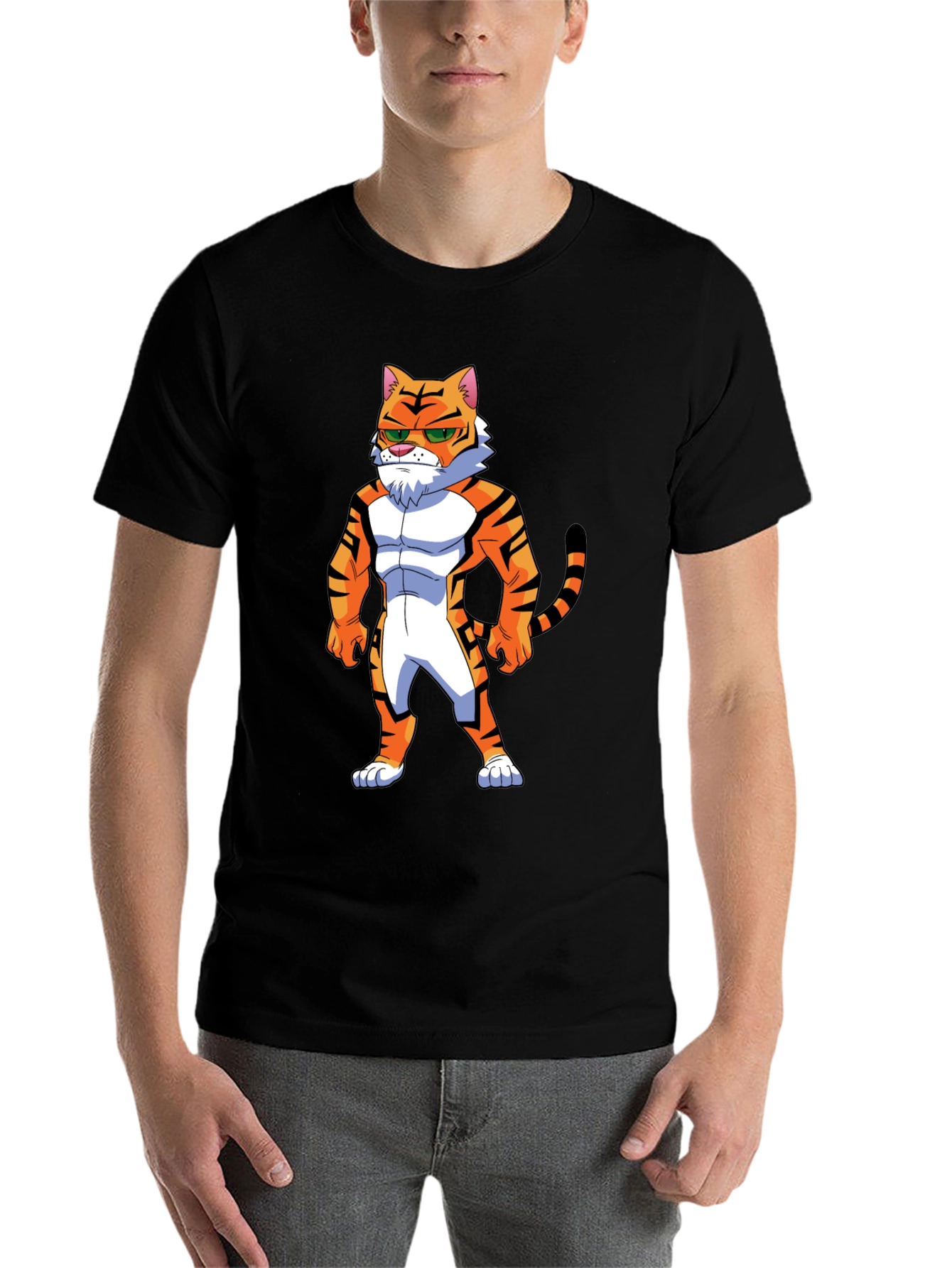 Black Men's Black T-Shirt with Cartoon Tiger Graphic view 7