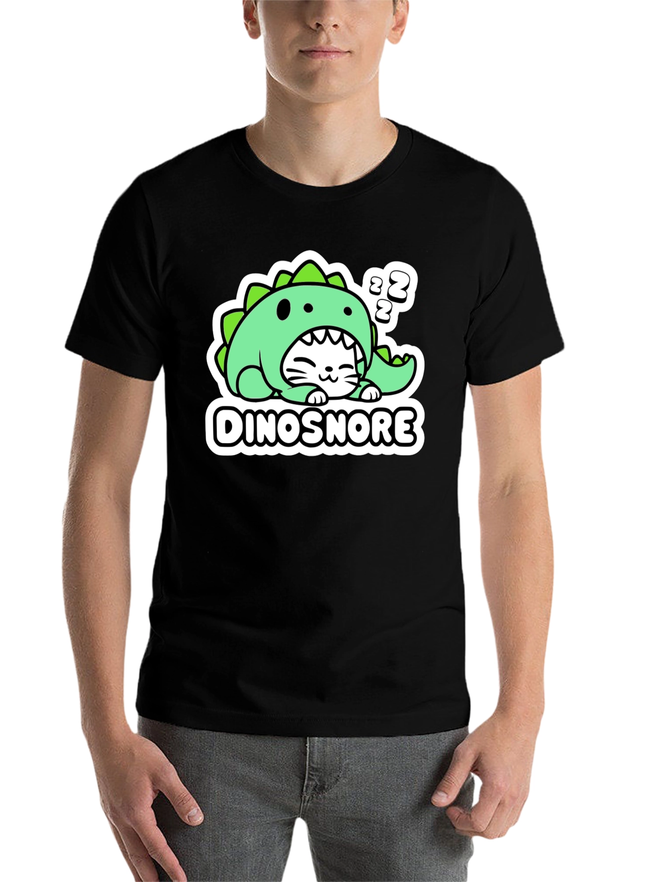 Black Dinosnore Cat T-Shirt - Funny Sleeping Dinosaur Tee view 7