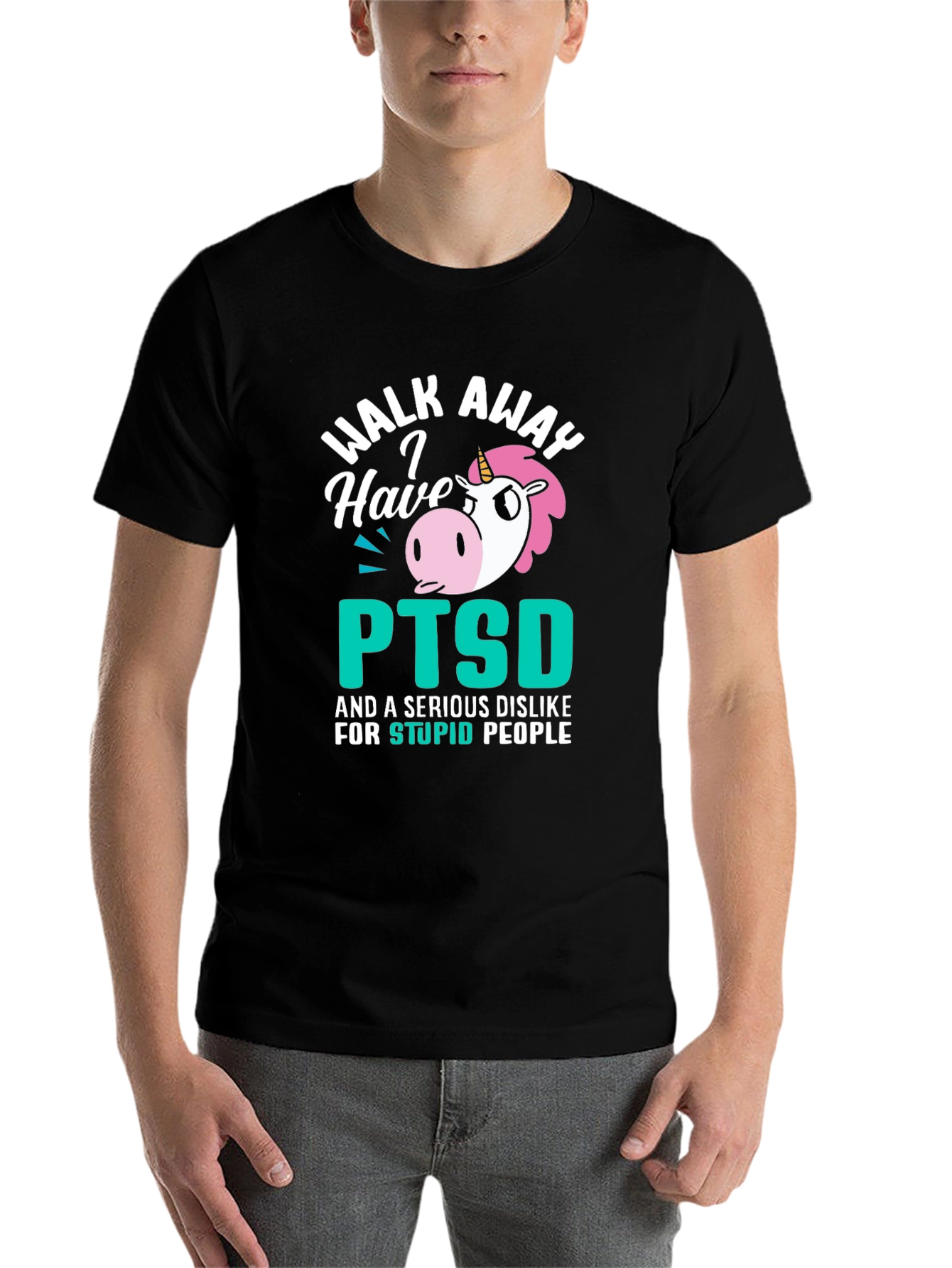 Black Walk Away PTSD Unicorn Graphic T-Shirt view 7